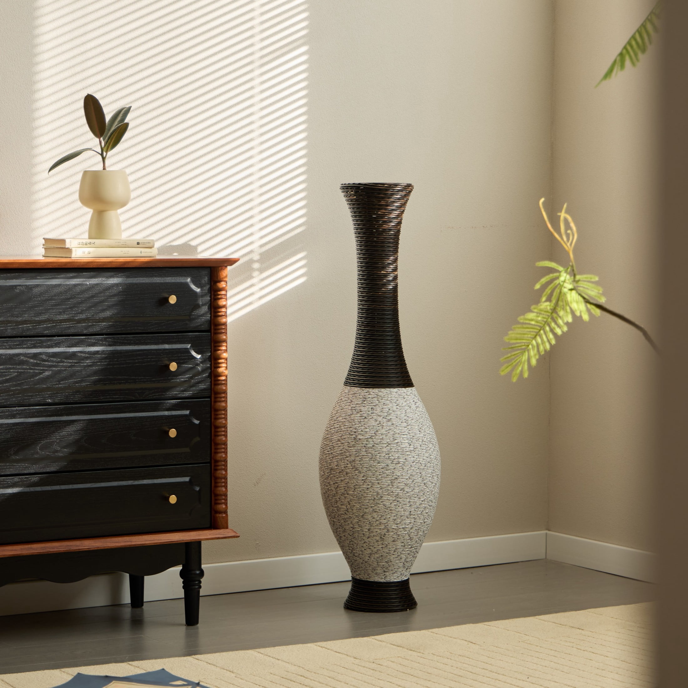 Noble House 39.37" Tall PVC Floor Vase, Hand-Woven Rattan-Look Textured Vase, White+Black