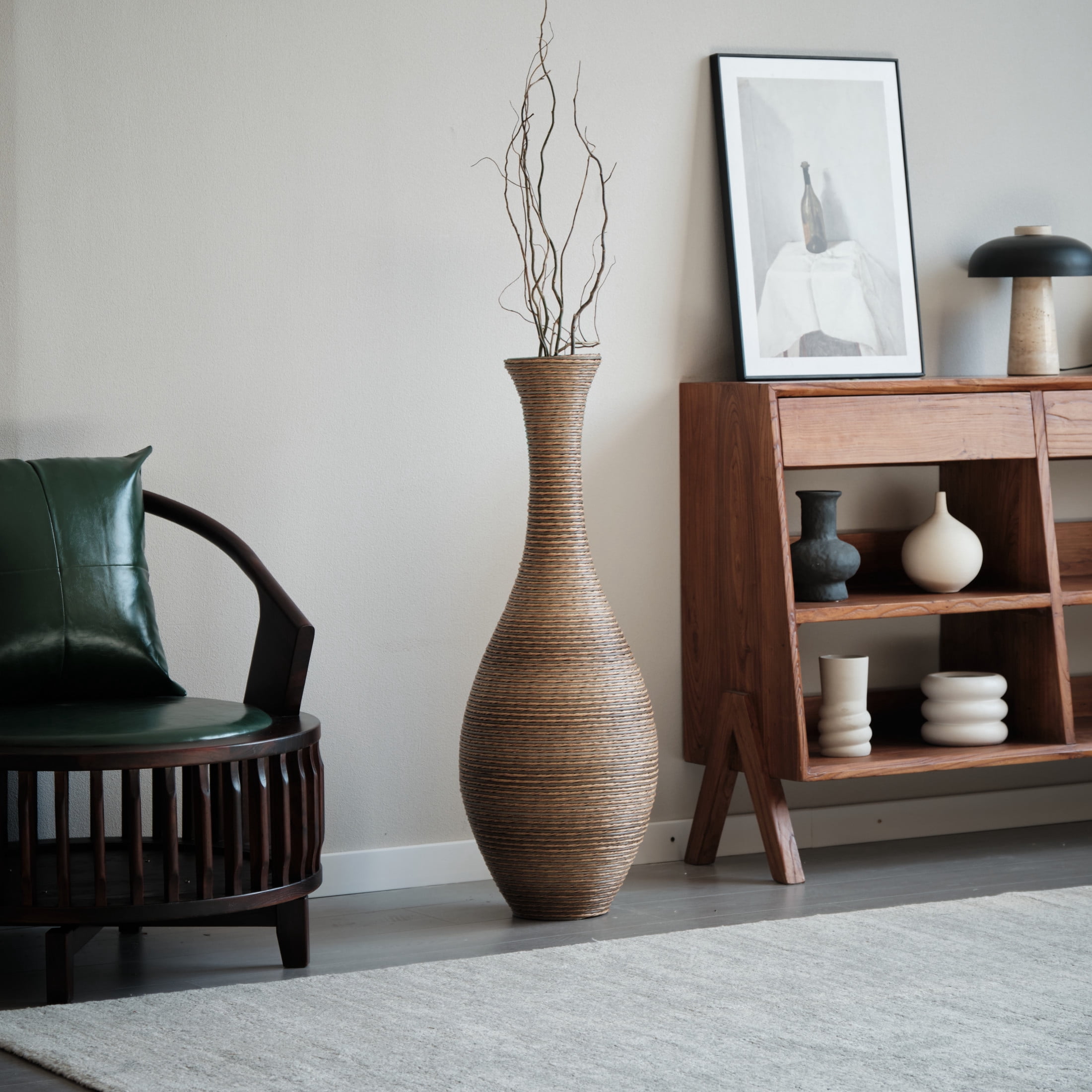 Noble House 39.37" Tall PVC Rattan-Look Floor Vase, Hand-Woven Decorative Vase for Home Decor, Beige+Gray