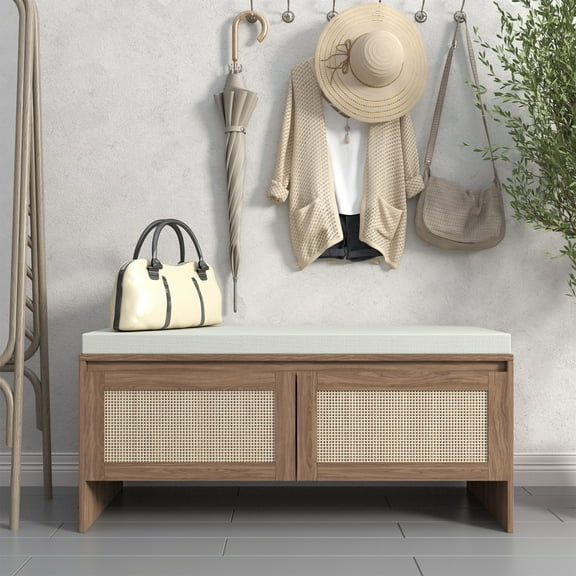 Noble House 39.4" Rattan Storage Bench with Cushion, 2-Door Faux Rattan Shoe Cabinet Entryway Seat, Antique Natural