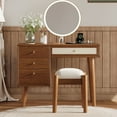 thumbnail image 1 of Noble House 39" Retro Wooden Vanity Set with Charging Plug & USB Port, Stool, 3 Drawers and Rattan Drawer, Walnut, 1 of 12