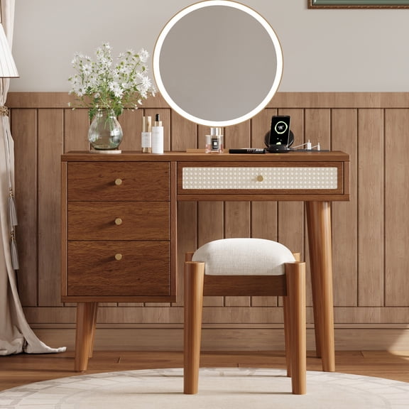 Noble House 39" Retro Wooden Vanity Set with Charging Plug & USB Port, Stool, 3 Drawers and Rattan Drawer, Walnut