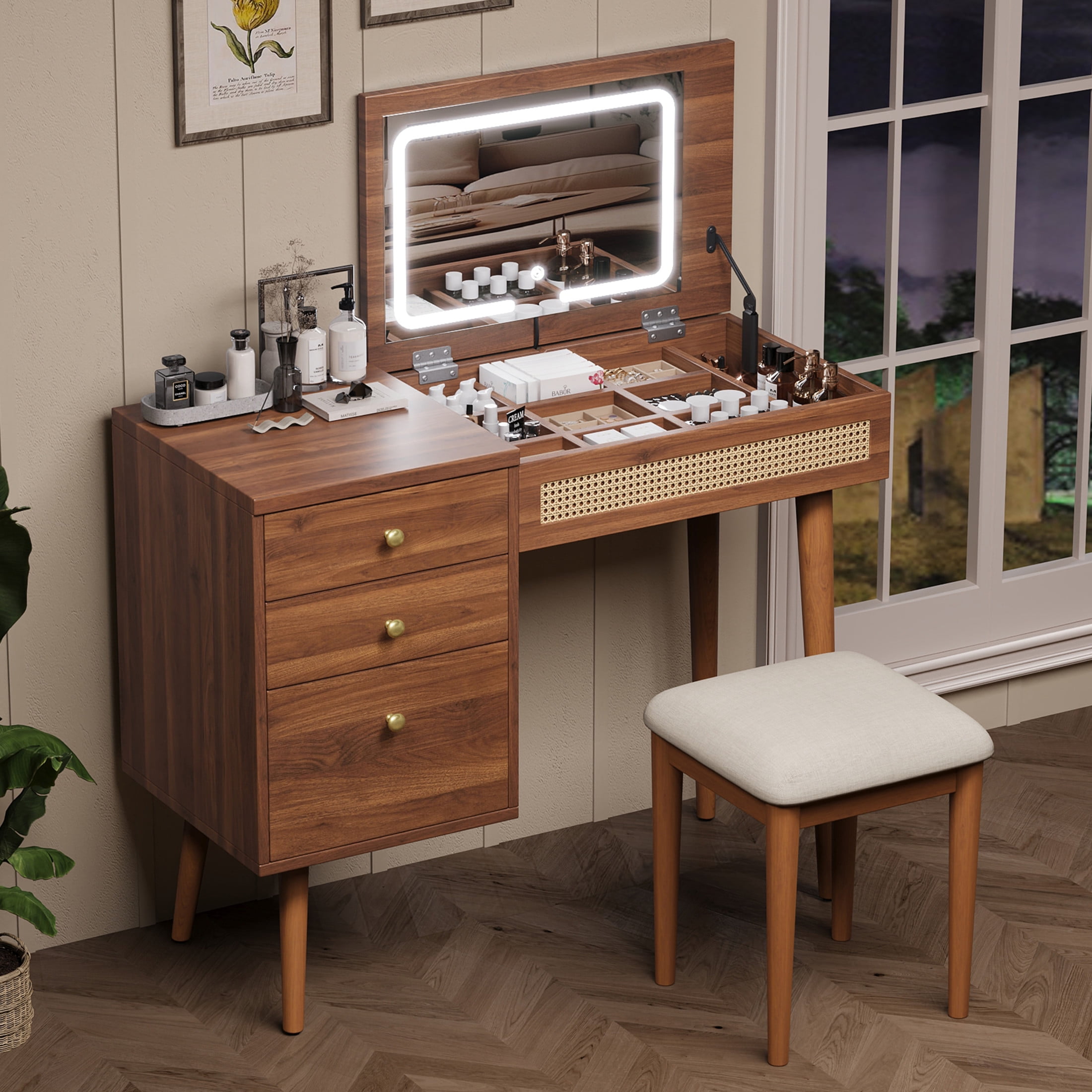 Noble House 39"  Vanity Desk with LED Lighted Mirror, Flip-Top Design, 3 Drawers and 10 Compartments,Walnut