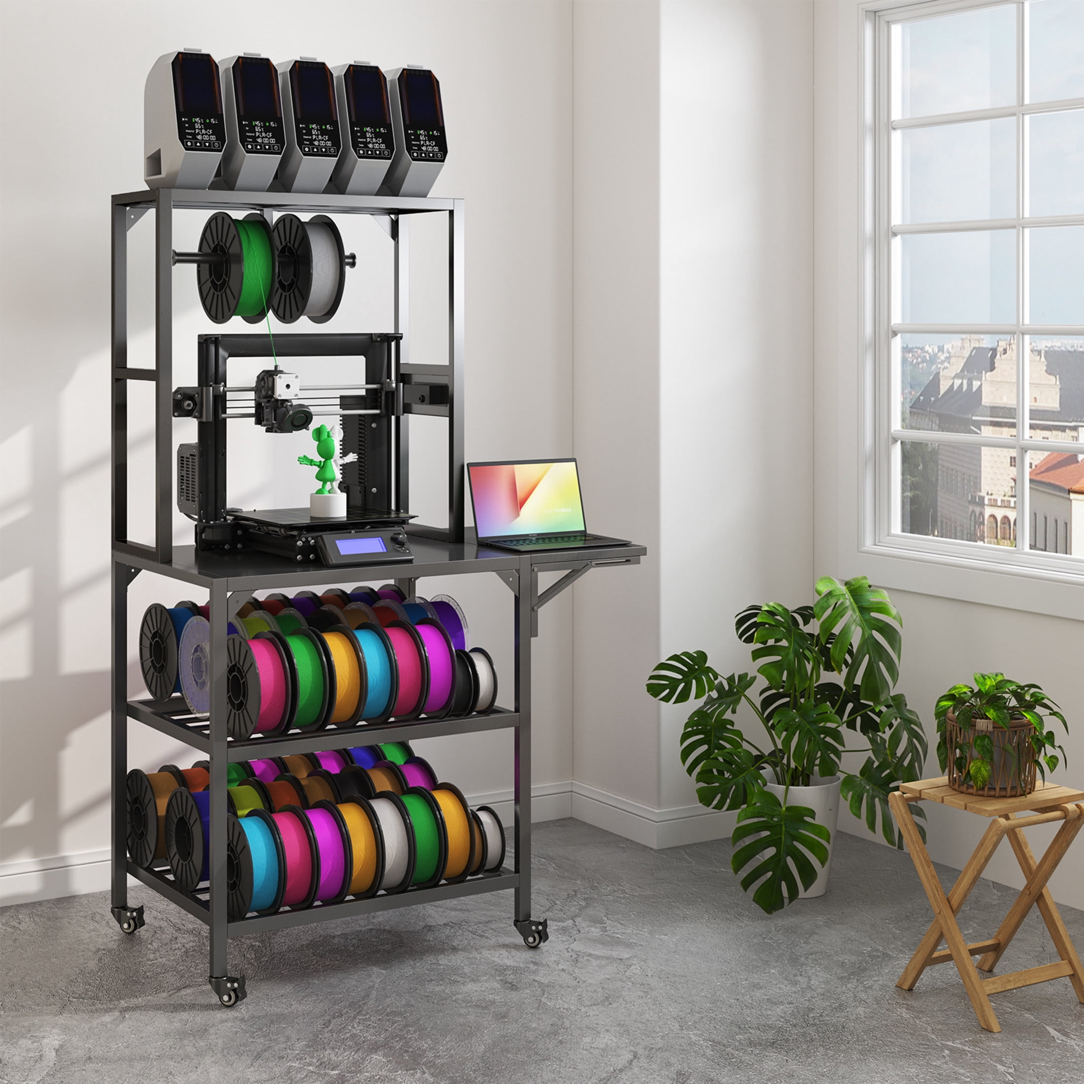 Noble House 3D Printer Table Stand with Filament Storage Rack, Metal Workstation with T-Spool Holder & Wheels, Black