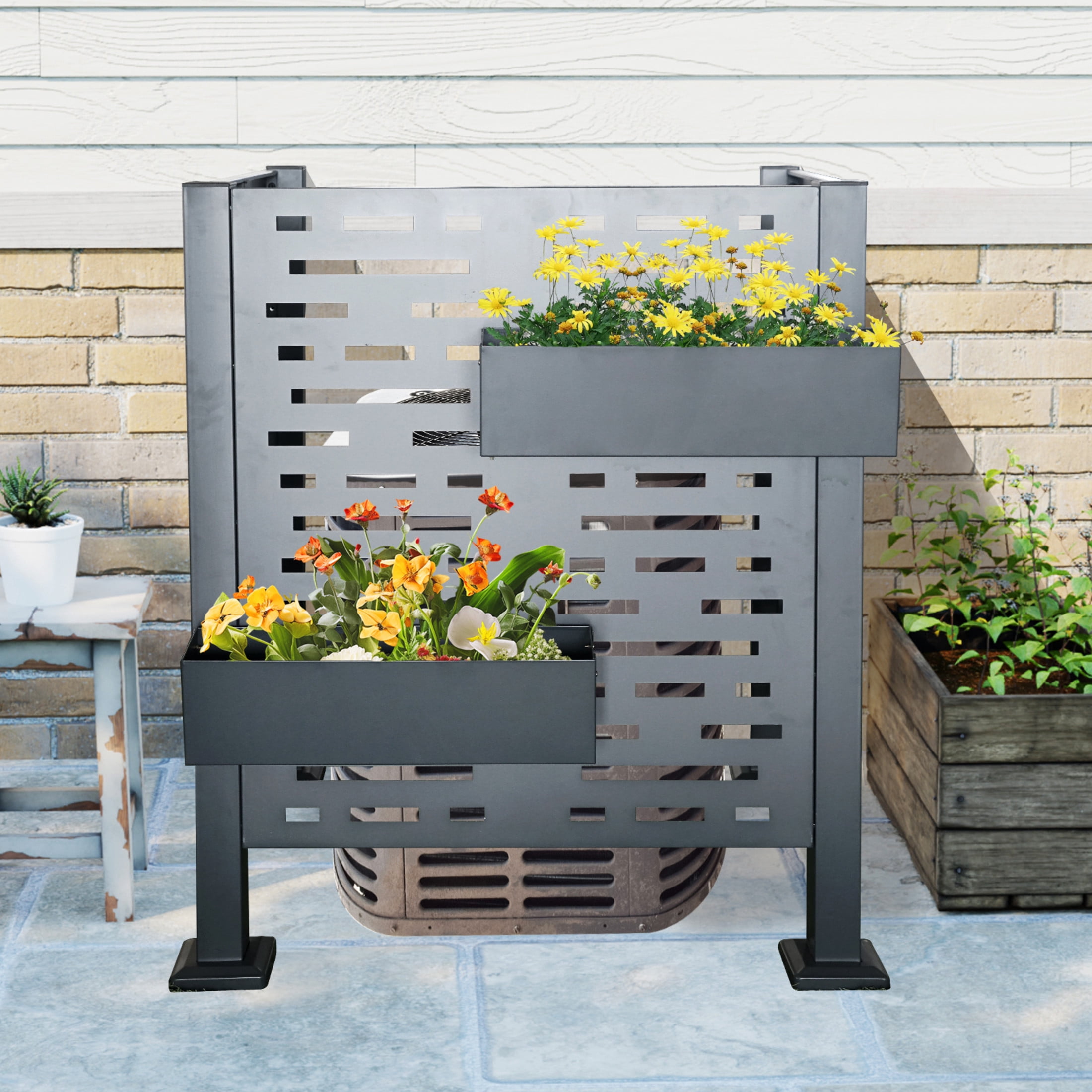 Noble House 3x3 FT Air Conditioner Fence Cover, Galvanized Steel Outdoor Unit Privacy Screen with Planters, Charcoal