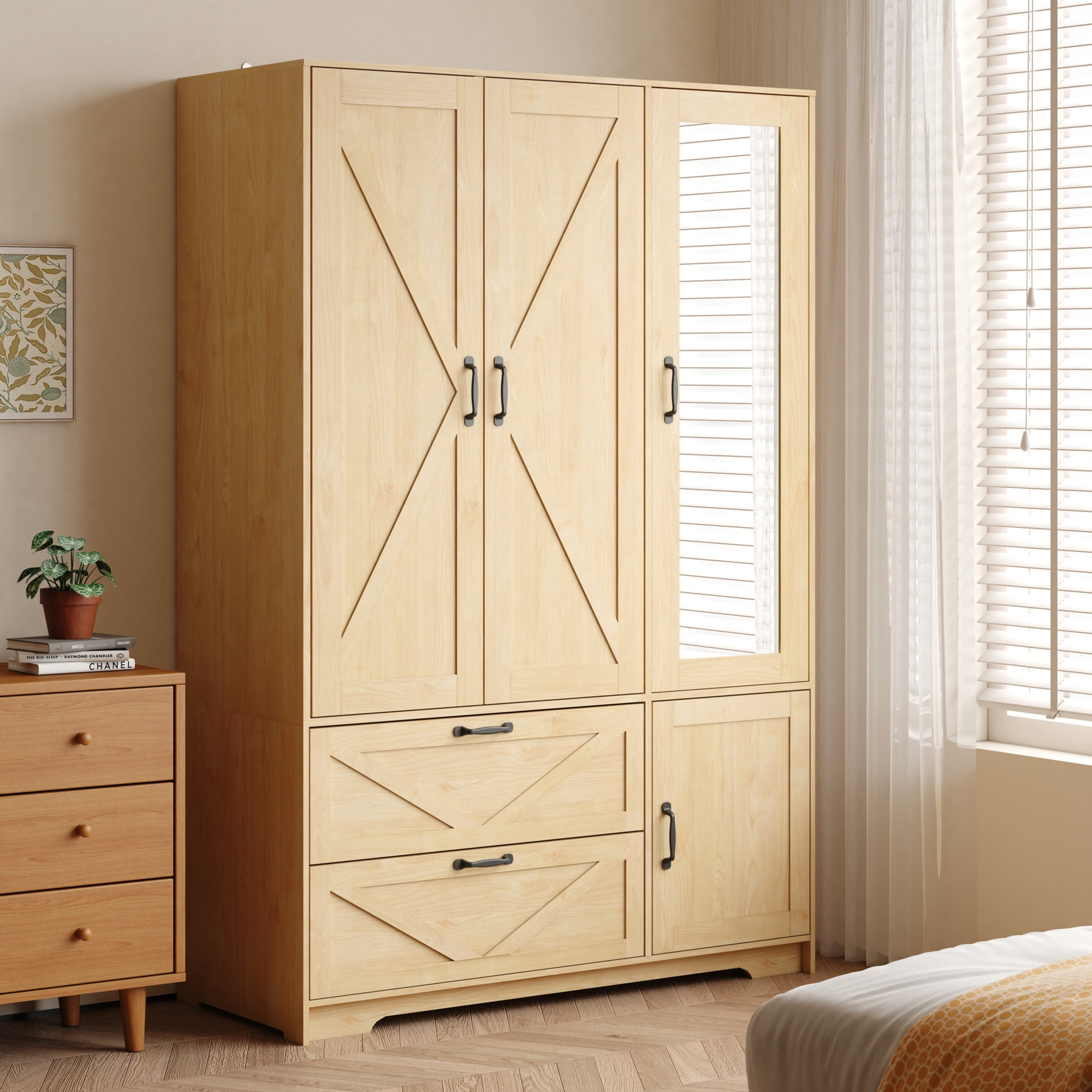 Noble House 4 Doors Wardrobe Closet with Mirror, LED Light and Drawers, Natural