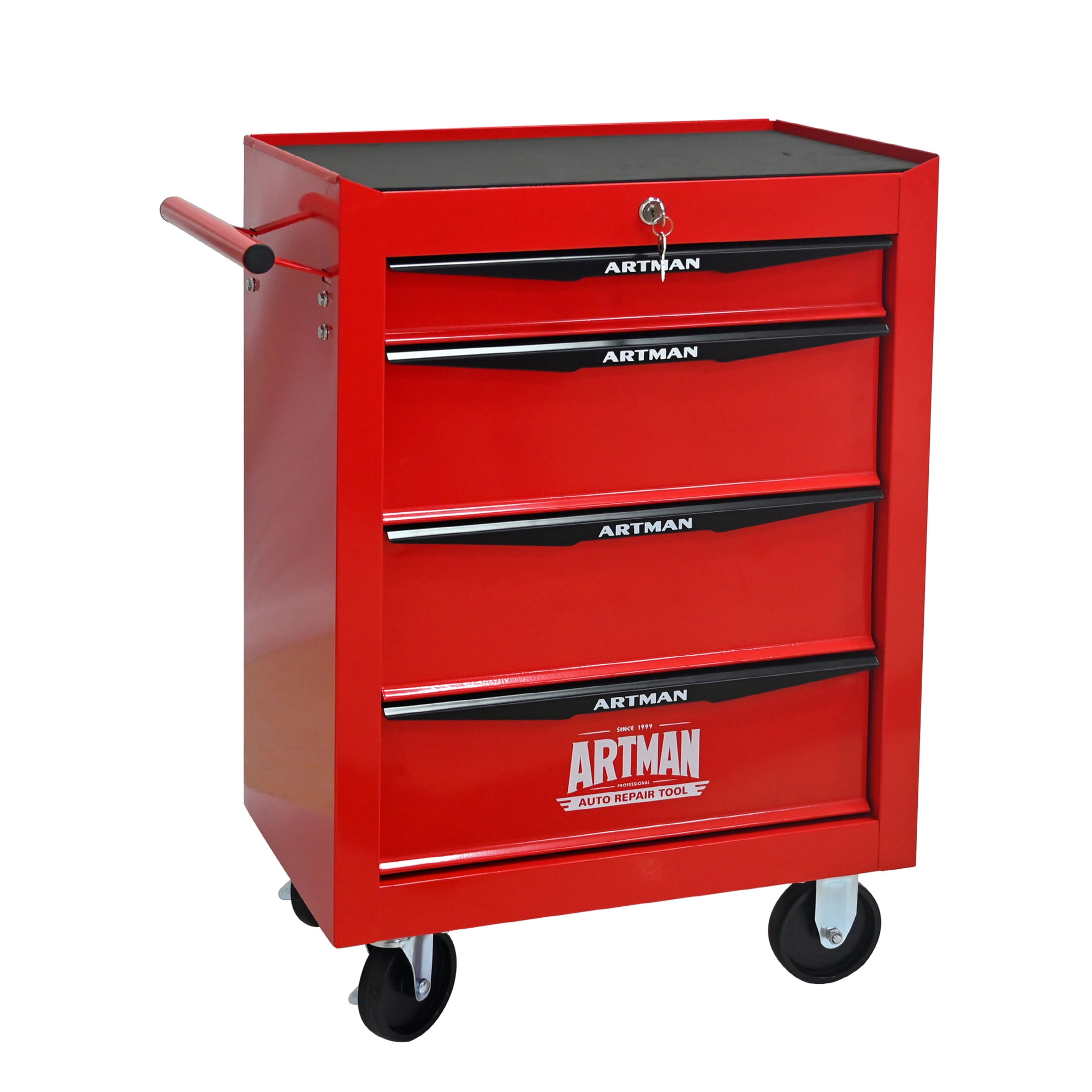 Noble House 4-Drawer Mobile Steel Tool Organizer with Key Lock, Ball Bearing Slide Storage Cabinet Box, Red