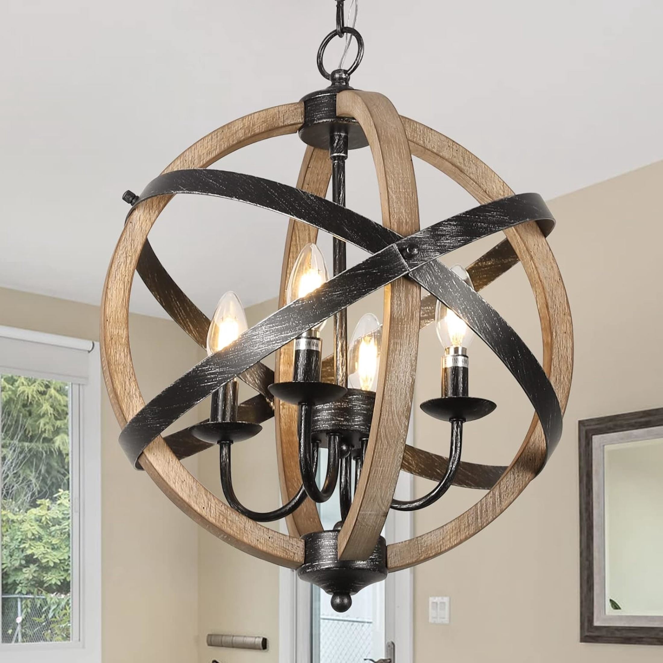 Noble House 4-Light Farmhouse Wood Orb Chandelier, Rustic Sphere Dining Room Pendant, Height Adjustable, Wood