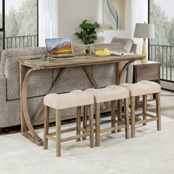 Noble House 4-Piece Dining Bar Table Set with Power Outlet and Padded Counter Stools, Rustic Brown Finish