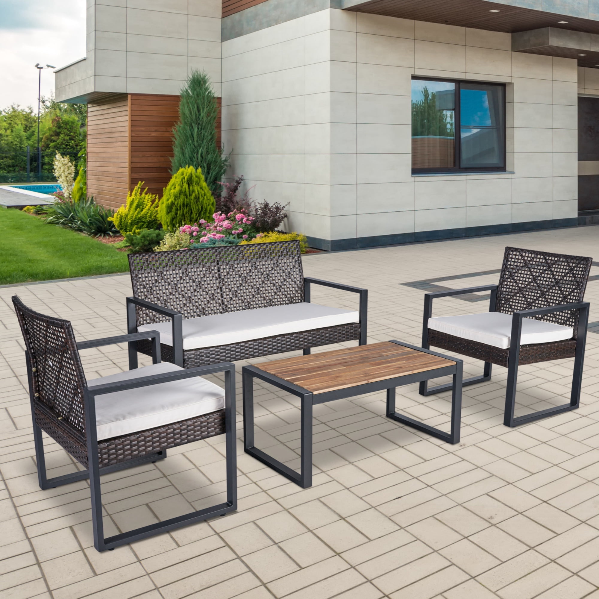 Noble House 4-Piece Patio Furniture Set, Acacia Wood & Rattan Outdoor Conversation Set, Black & Brown