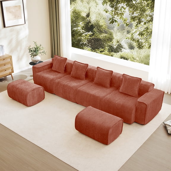 Noble House 4-Seat U-Shape Modular Sofa, Boneless Design with French Piping, Comes with Throw Pillows and Two Ottomans, Red