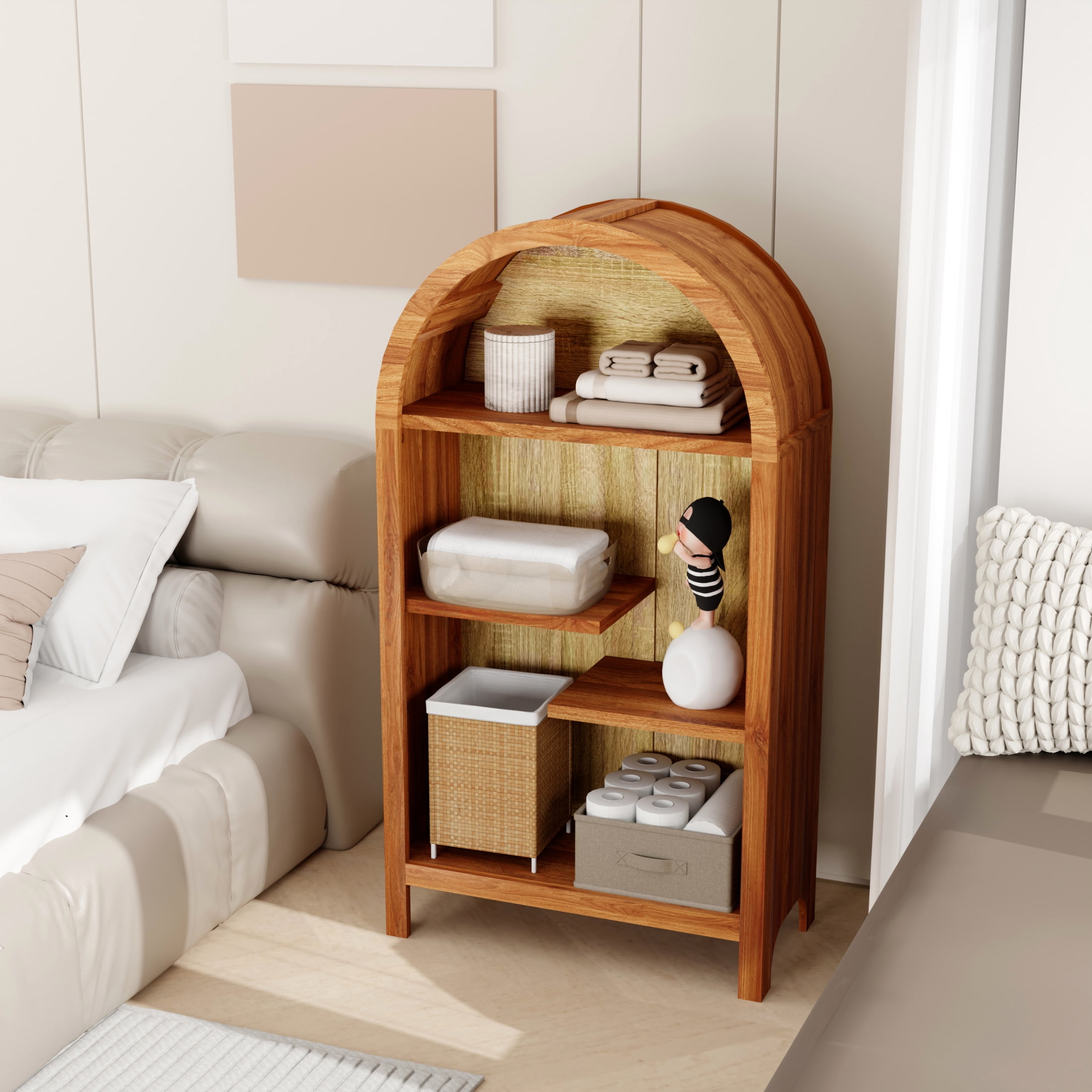 Noble House 4-Tier Arched Top Display Cabinet, Freestanding Accent Display Rack, Walnut
