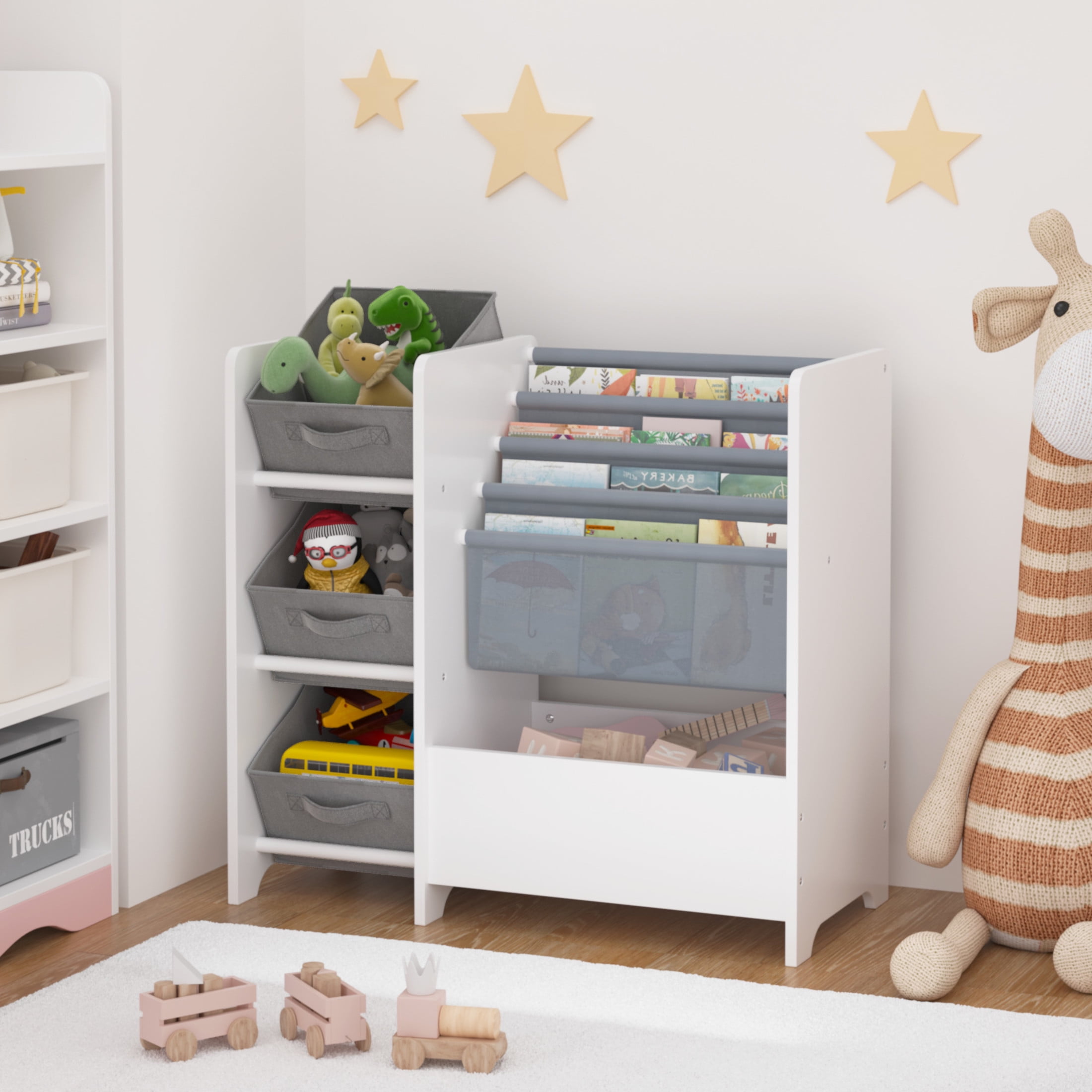 Noble House 4-Tier Kids Bookshelf and Toy Storage Organizer, Book Display with 3 Fabric Drawers for Nursery, White