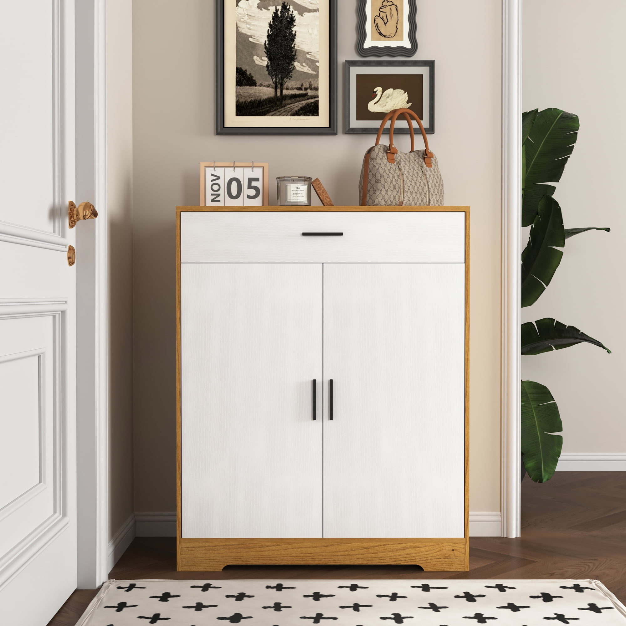 Noble House 4-Tier Shoe Storage Cabinet with Drawer, Adjustable Shelves, Natural and White