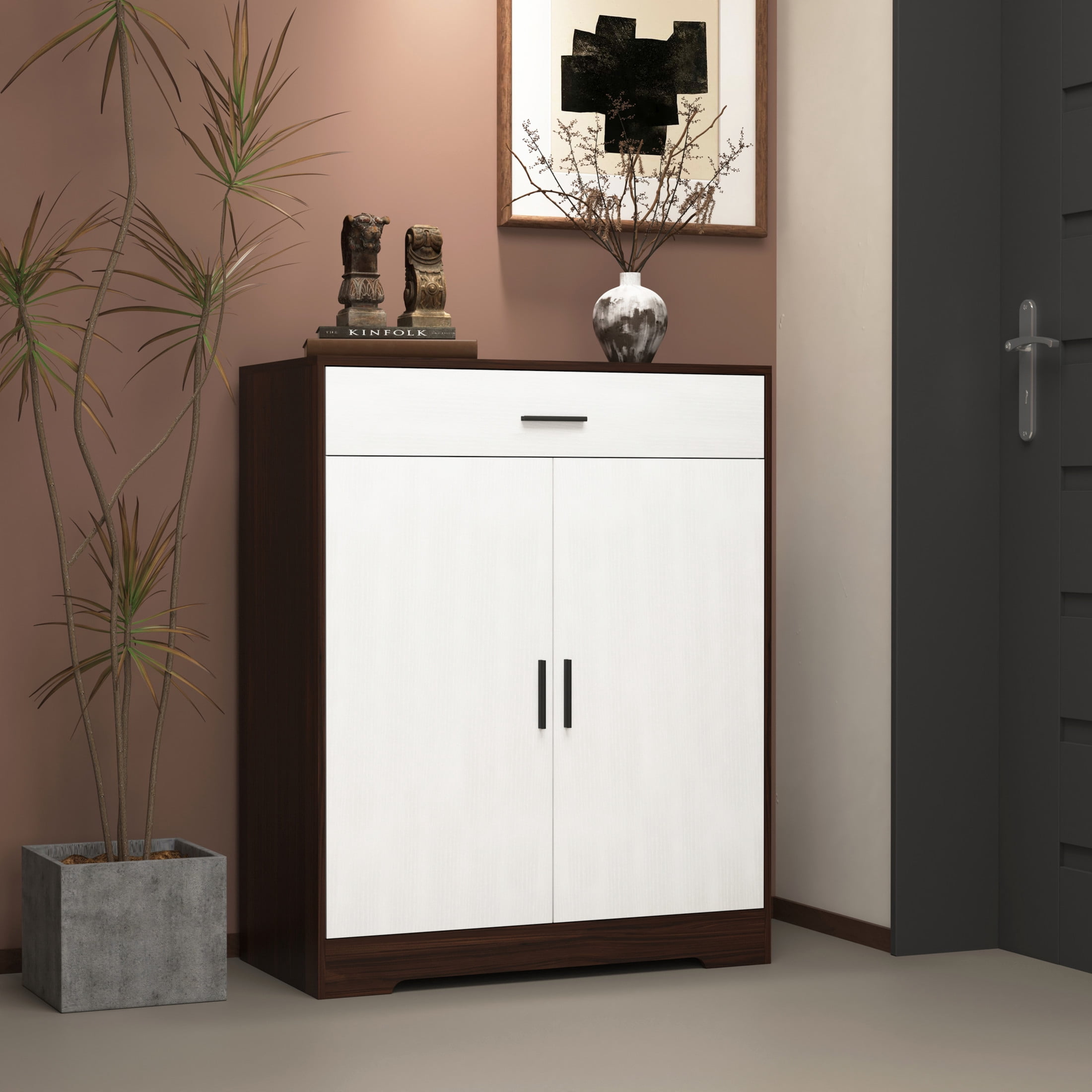Noble House 4-Tier Shoe Storage Cabinet with Drawer, Adjustable Shelves, Walnut and White