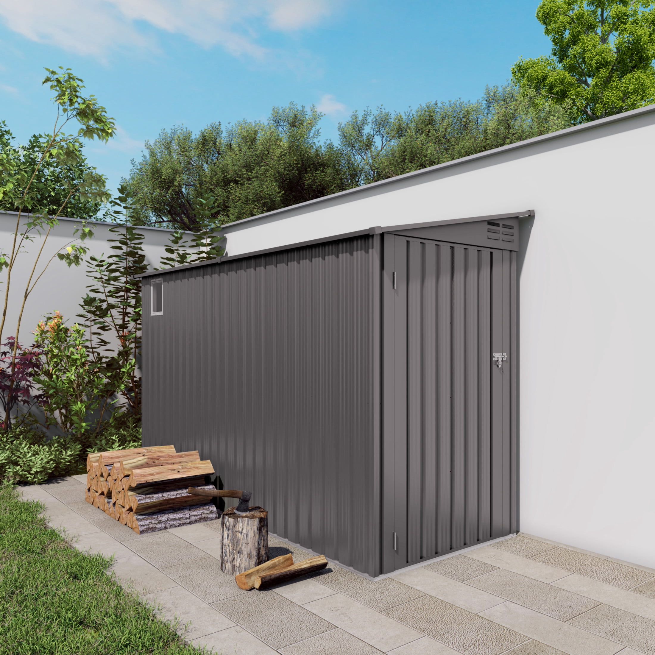 Noble House 4 x 9 FT Lean-To Metal Storage Shed with Window, Ventilated Tool House, Gray