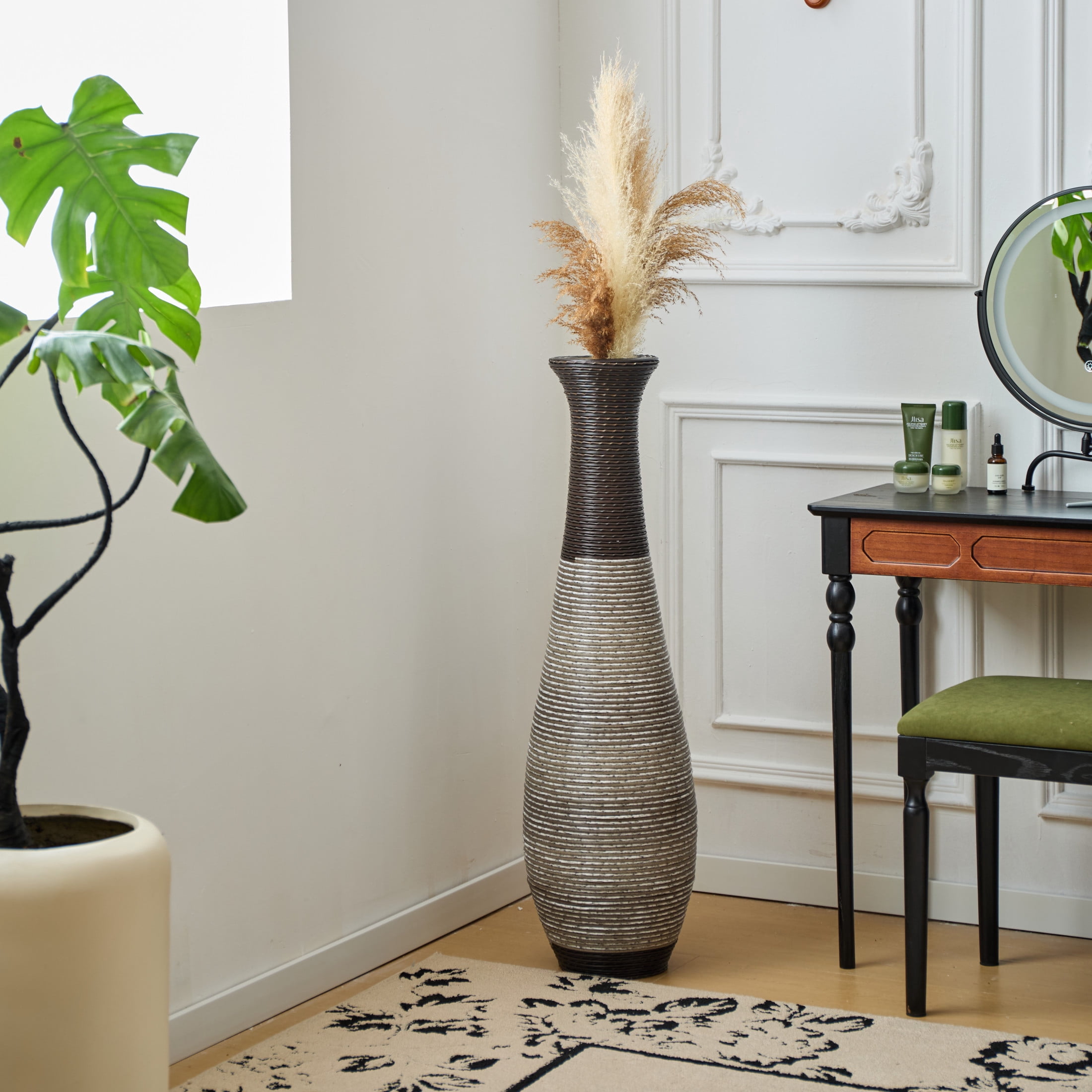 Noble House 40.2" Tall Hand-Woven PVC Rattan-Look Floor Vase, Textured Decorative Vase, Black+Gray