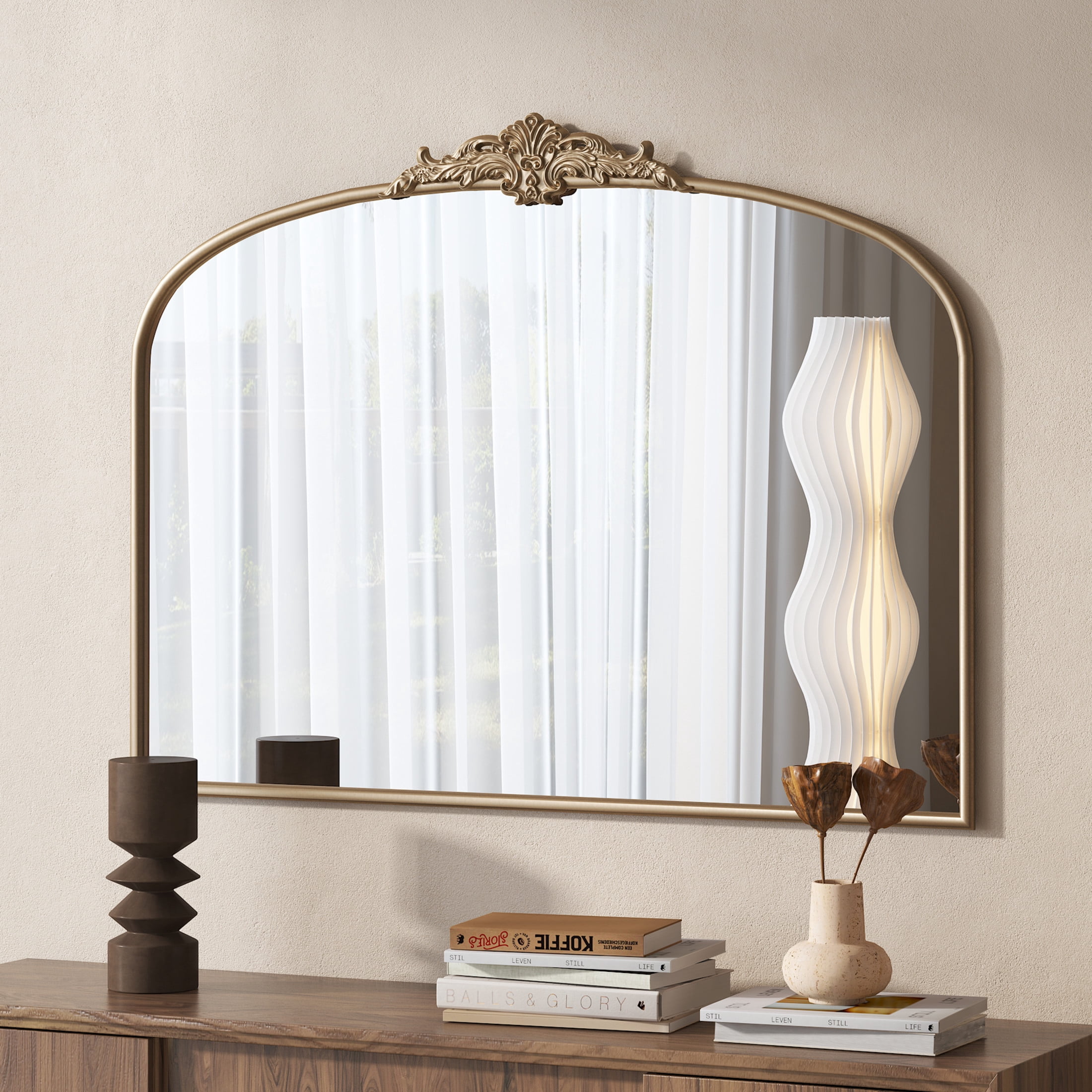 Noble House 40" Arched Vintage Baroque Wall Mirror with Metal Frame, Traditional Ornate for Entryway, Antique Gold