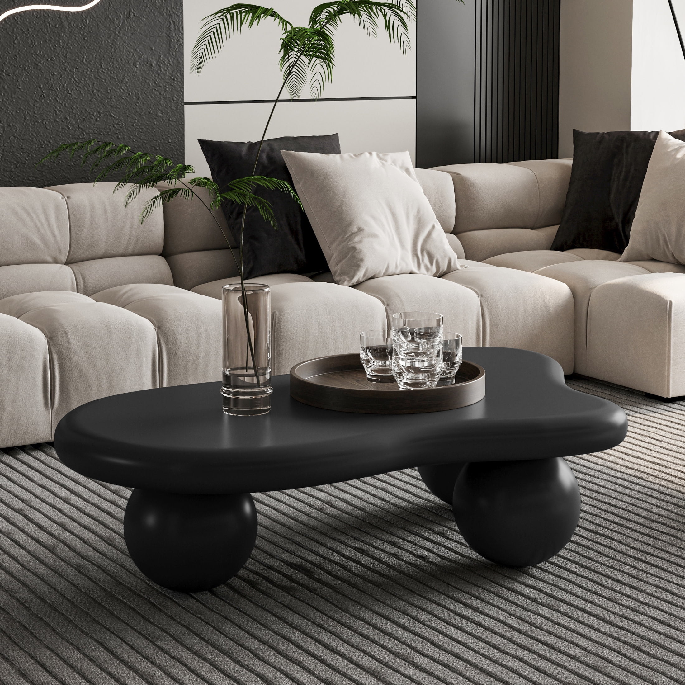 Noble House 40" Cloud Shaped Coffee Table with Ball Legs, Modern Aesthetic Accent Table for Living Room, Black