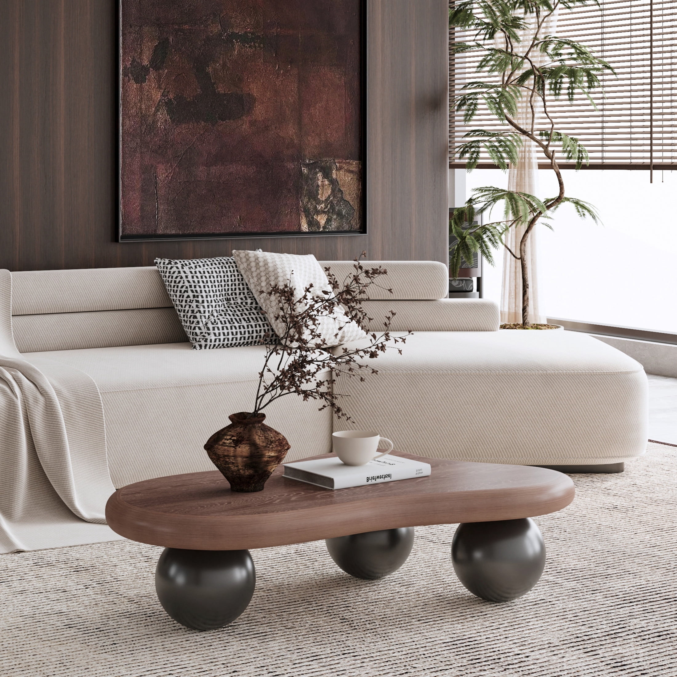 Noble House 40" Cloud Shaped Coffee Table with Ball Legs, Modern Aesthetic Accent Table for Living Room, Walnut Top Black Legs