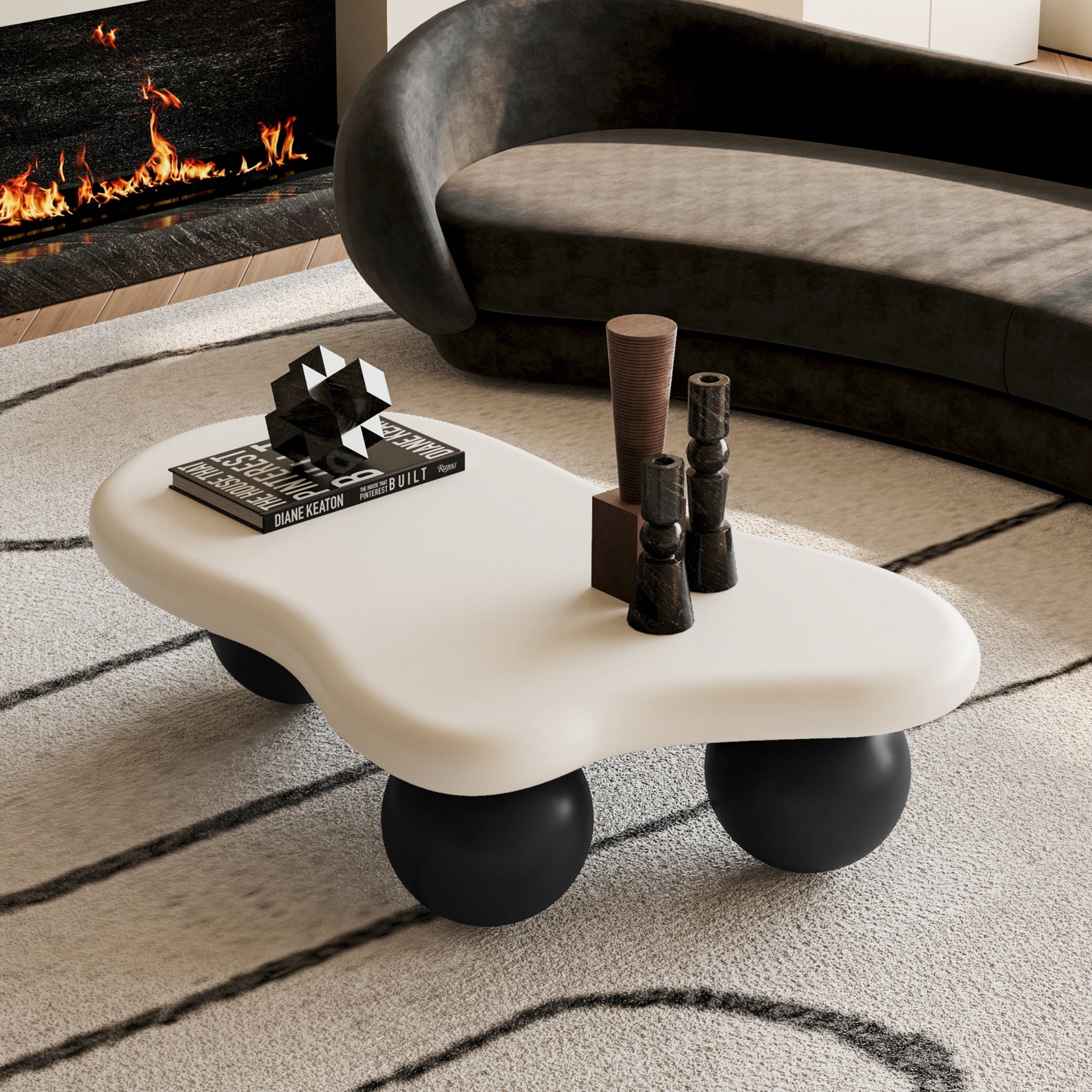 Noble House 40" Cloud Shaped Coffee Table with Ball Legs, Modern Aesthetic Accent Table for Living Room, White Top Black Legs