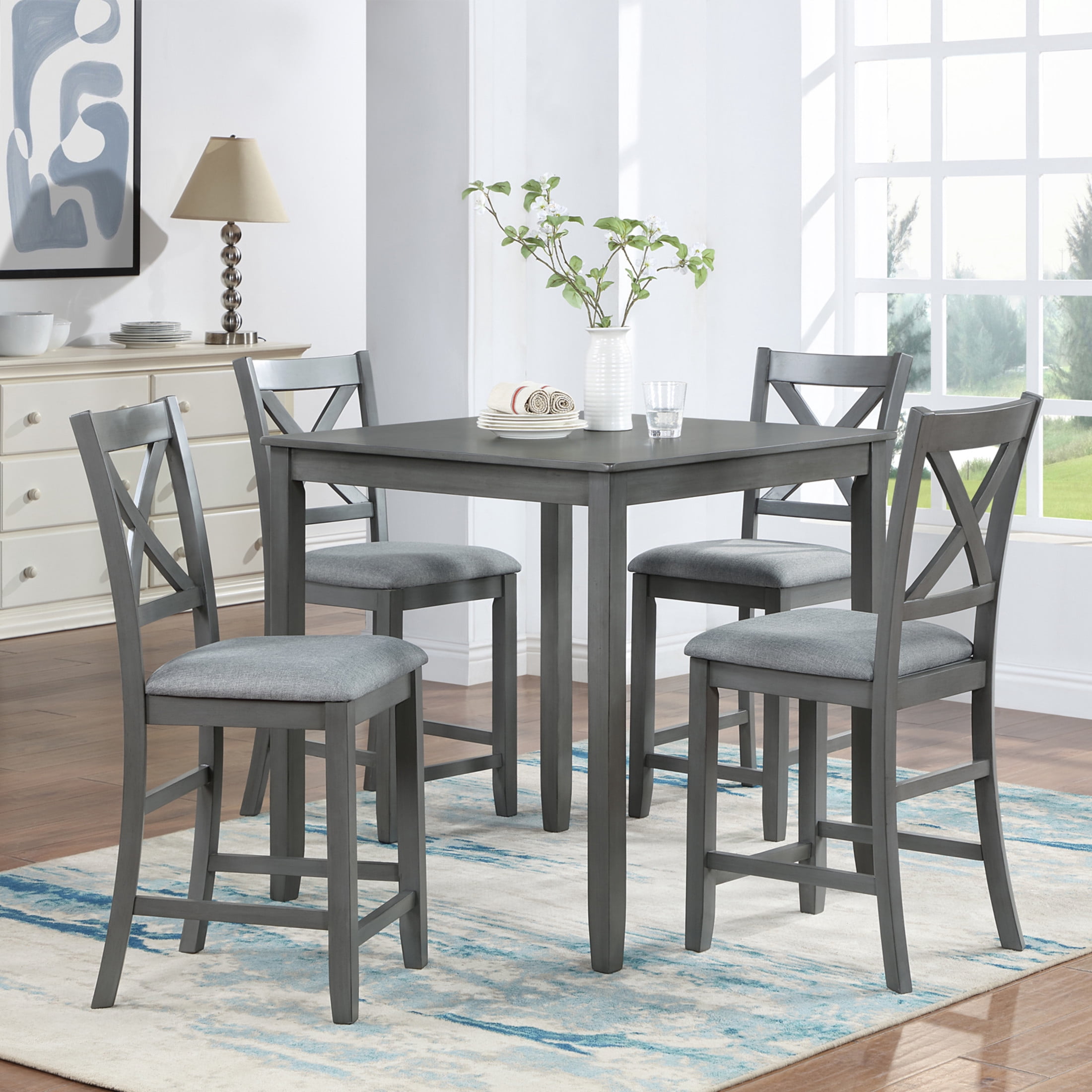 Noble House 40" Farmhouse Counter Height Bar Chairs with Padded Seat Set of 4, X-Shaped Backrest, Gray