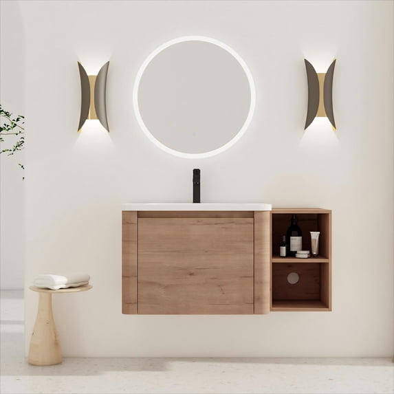 Noble House 40" Wall-Mounted Bathroom Vanity, White Ceramic Sink, Soft-Close Door, Storage Shelves, Imitative Oak
