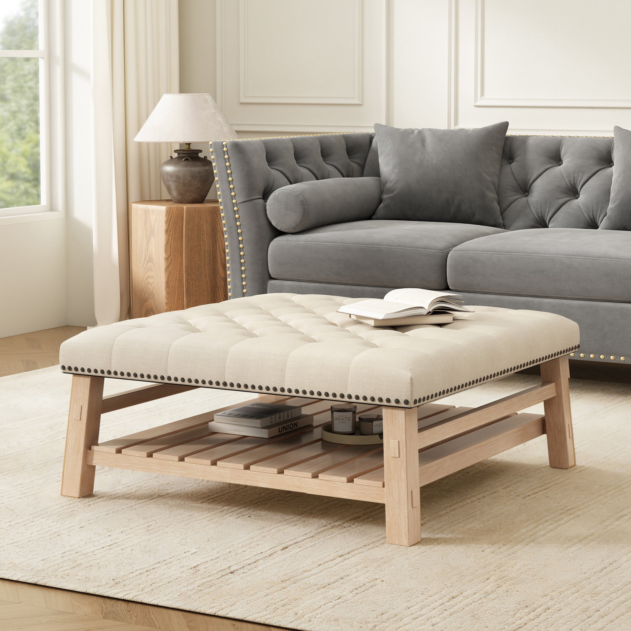 Noble House 41.5" Square Tufted Wooden Ottoman Coffee Table with Storage Shelf, Linen Upholstered Footstool, Beige