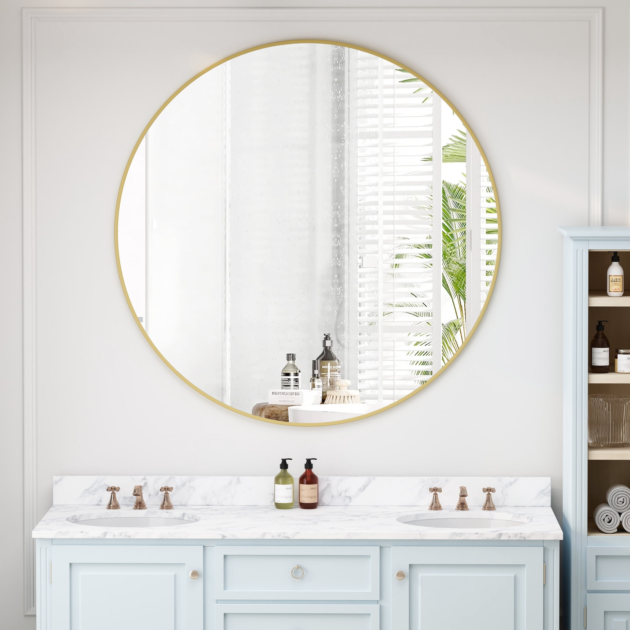 Noble House 42" Round Metal Wall Mirror, Modern Circular Vanity & Decorative Mirror for Bathroom & Bedroom, Gold