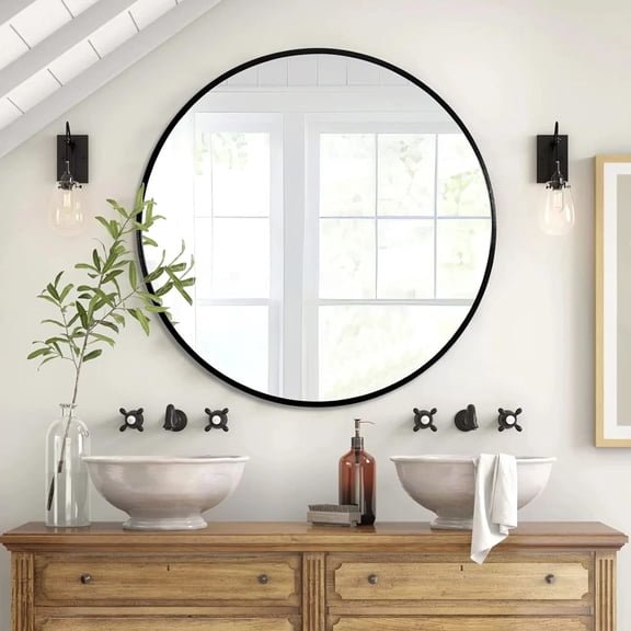 Noble House 42" Round Metal Wall Mirror, Vanity Mirror for Bathroom, Bedroom & Living Room, Black