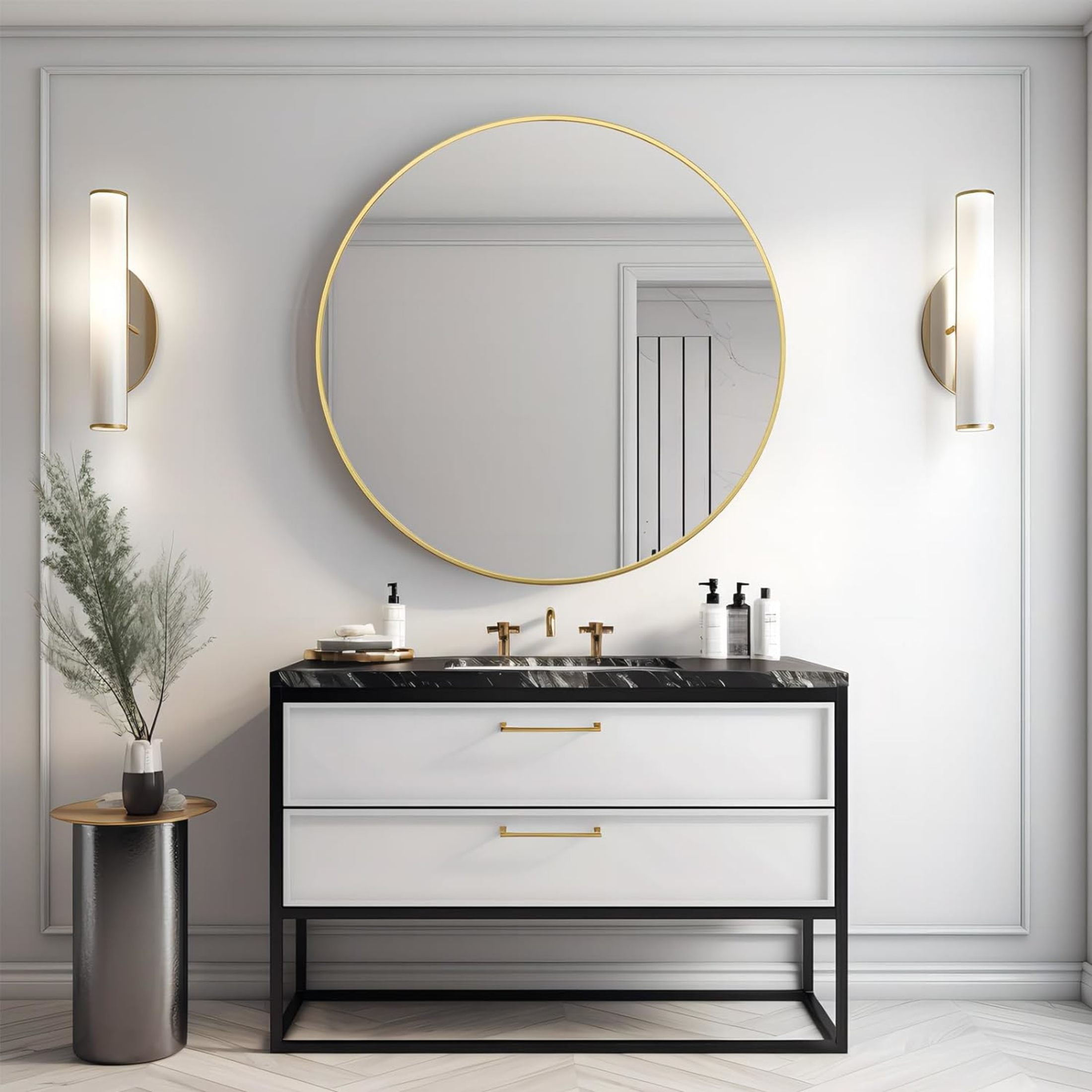 Noble House 42" Round Metal Wall Mirror, Vanity Mirror for Bathroom, Bedroom & Living Room, Gold