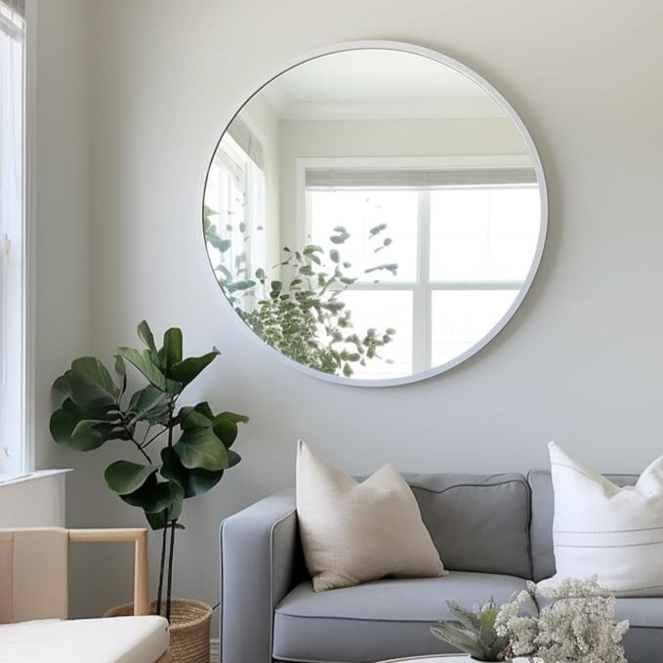 Noble House 42" Round Metal Wall Mirror, Vanity Mirror for Bathroom, Bedroom & Living Room, Silver