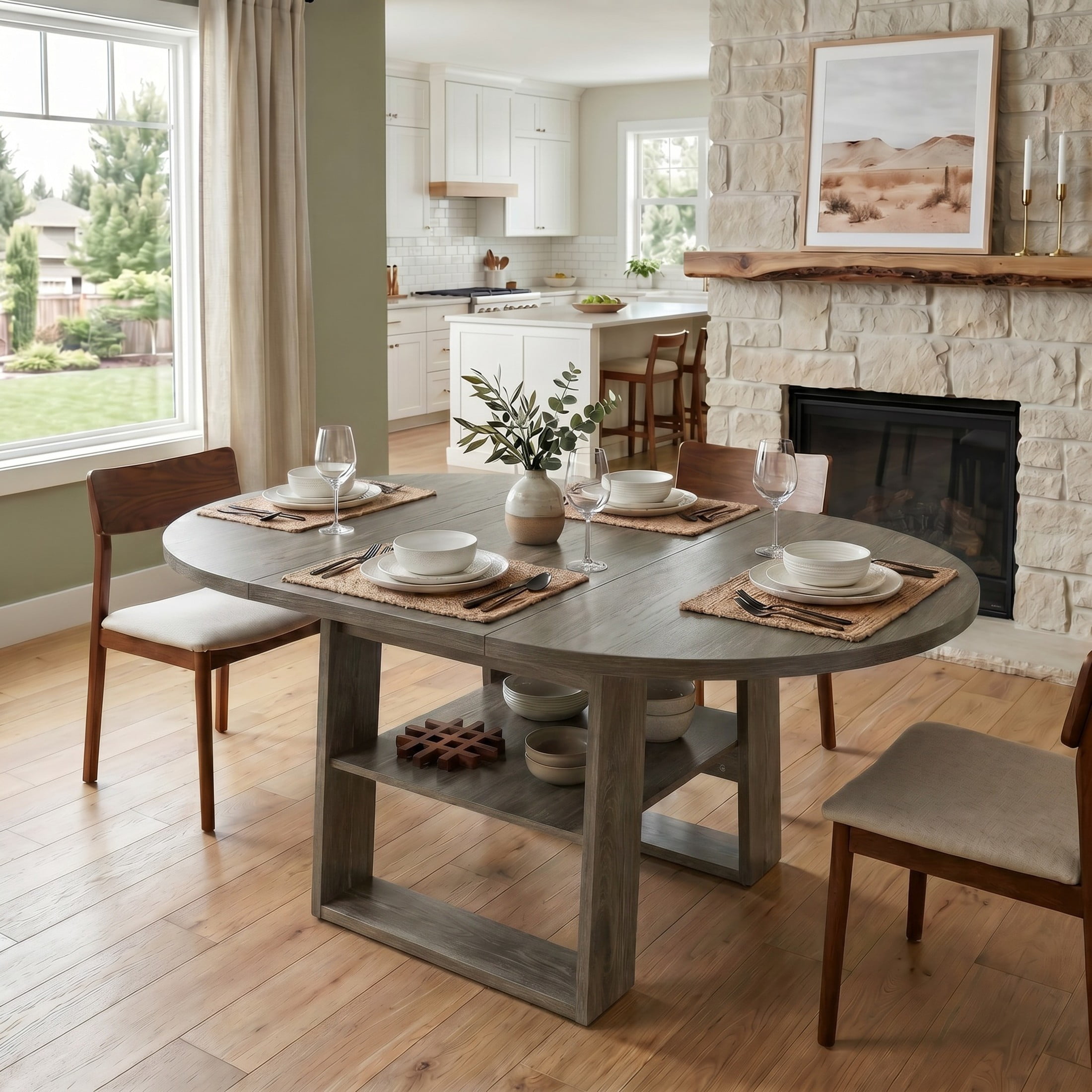 Noble House 43.3"-59.05" Extendable Round Dining Table, Oval Kitchen Table with Storage Shelf, Gray