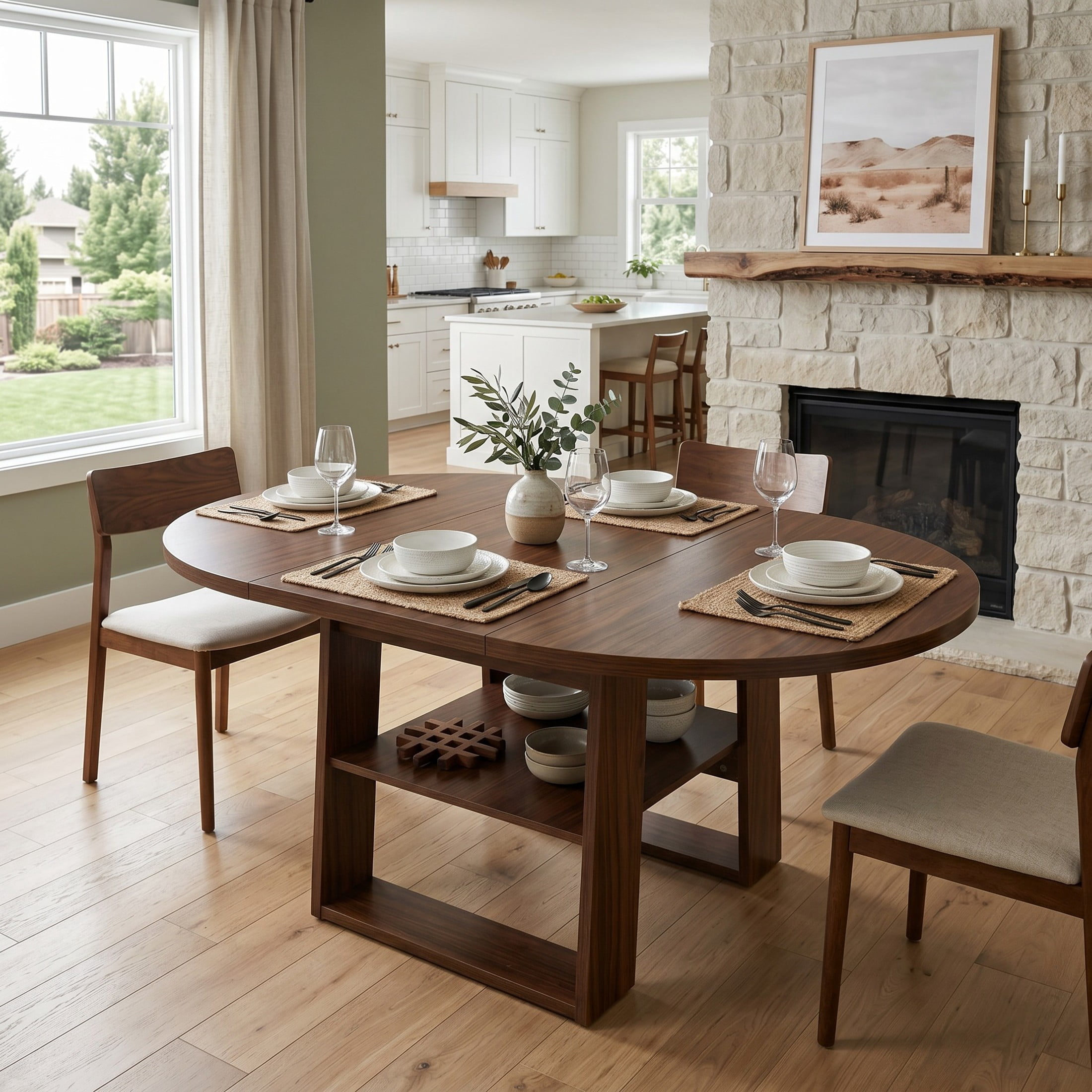 Noble House 43.3"-59.05" Extendable Round Dining Table, Oval Kitchen Table with Storage Shelf, Walnut