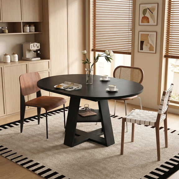 Noble House 43.3 - 59 Inch Extendable Round Dining Table with Storage Shelf, Black
