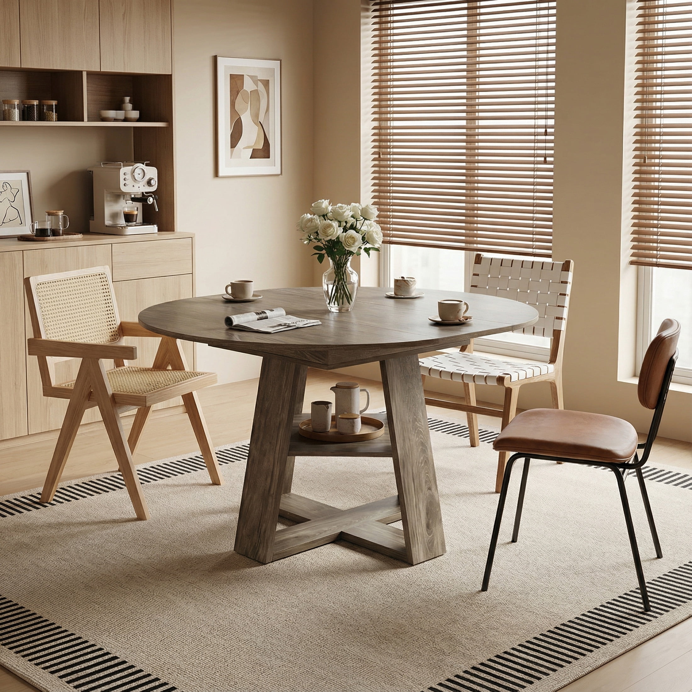 Noble House 43.3 - 59 Inch Extendable Round Dining Table with Storage Shelf, Natural