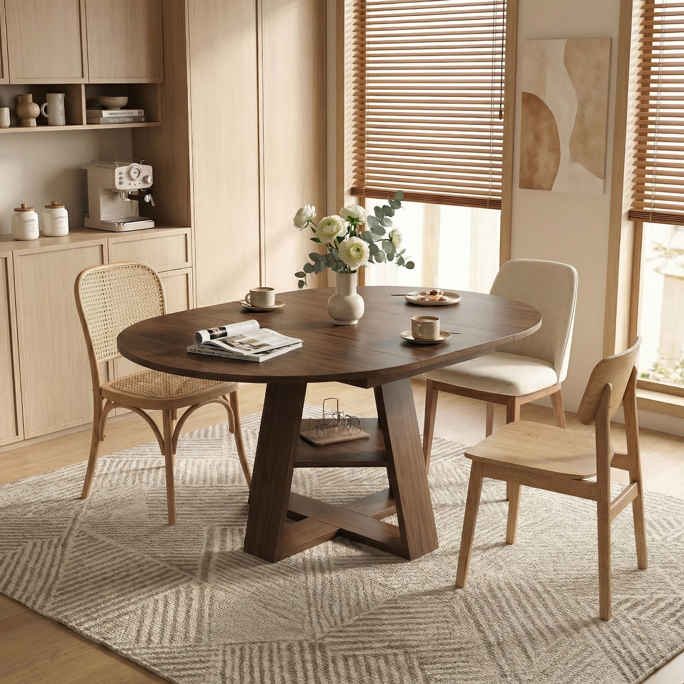 Noble House 43.3 - 59 Inch Extendable Round Dining Table with Storage Shelf, Walnut