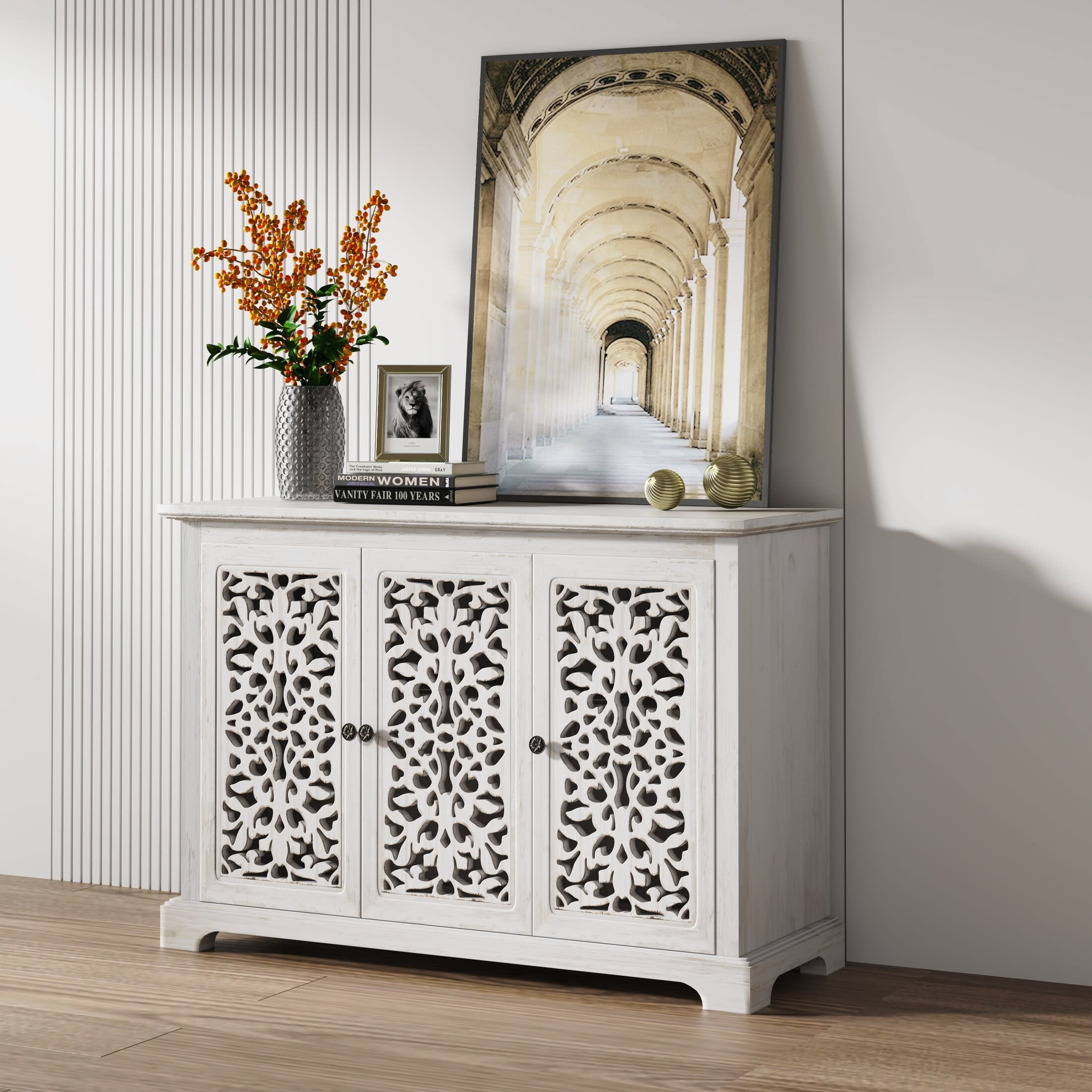 Noble House 43.3" Vintage Sideboard Buffet Cabinet with 3 Carved Doors, Antique White