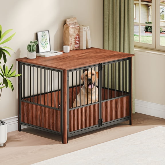 Noble House 43" Fluted Wood Crate for Large & Medium Dogs, Modern Pet House Table, Walnut