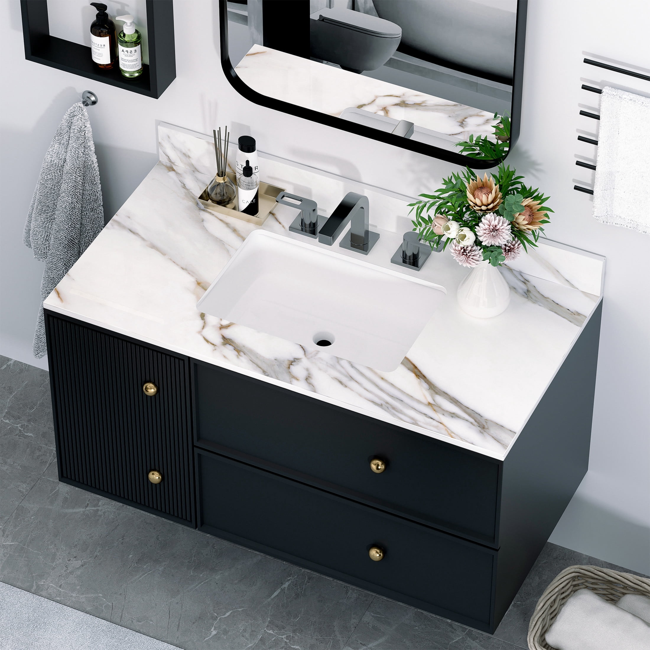 Noble House 43-Inch Bathroom Vanity Top with Undermount Sink, Backsplash, 3 Pre-Drilled Faucet Holes, White