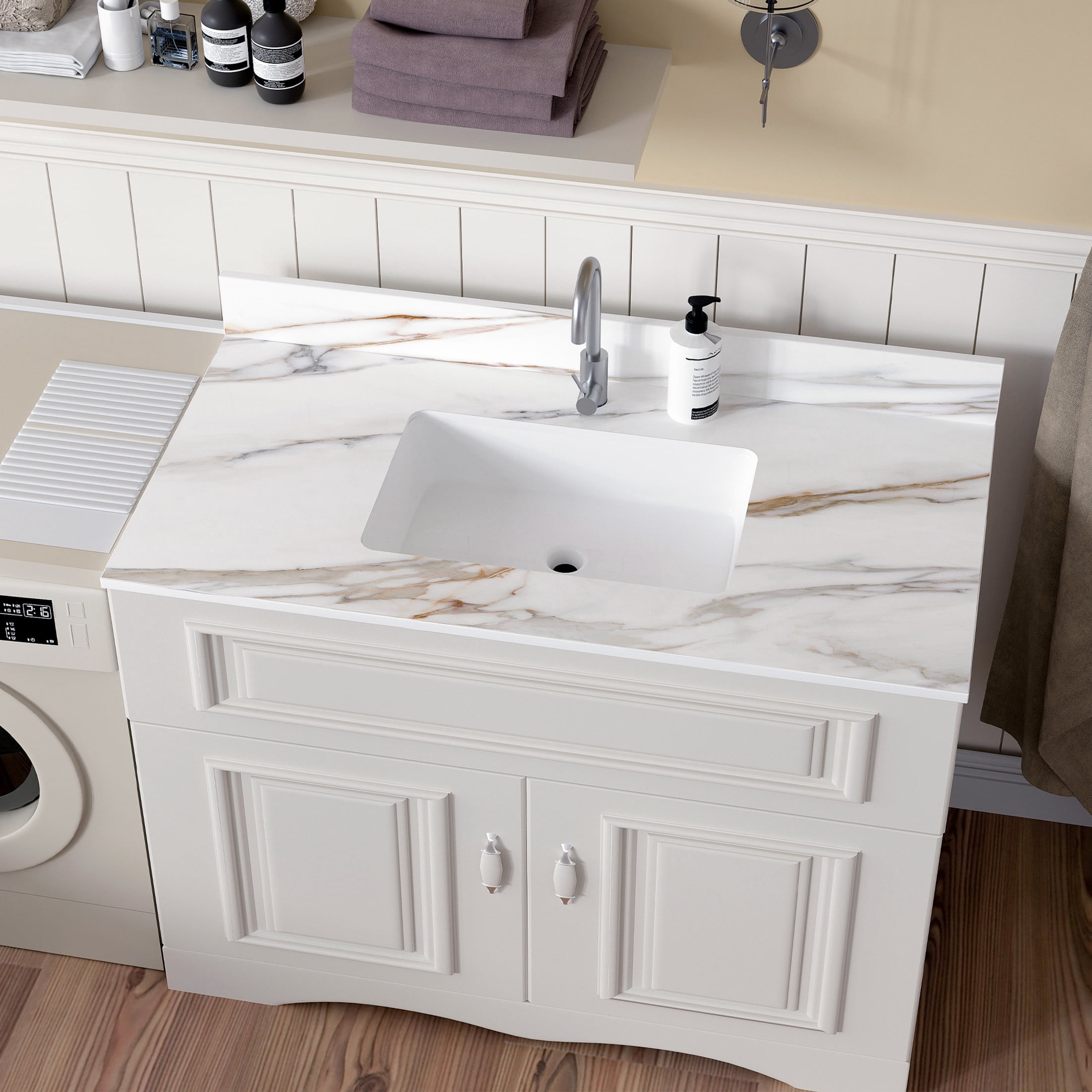 Noble House 43-Inch Bathroom Vanity Top with Undermount Sink, Backsplash, Pre-Drilled Faucet Hole, White