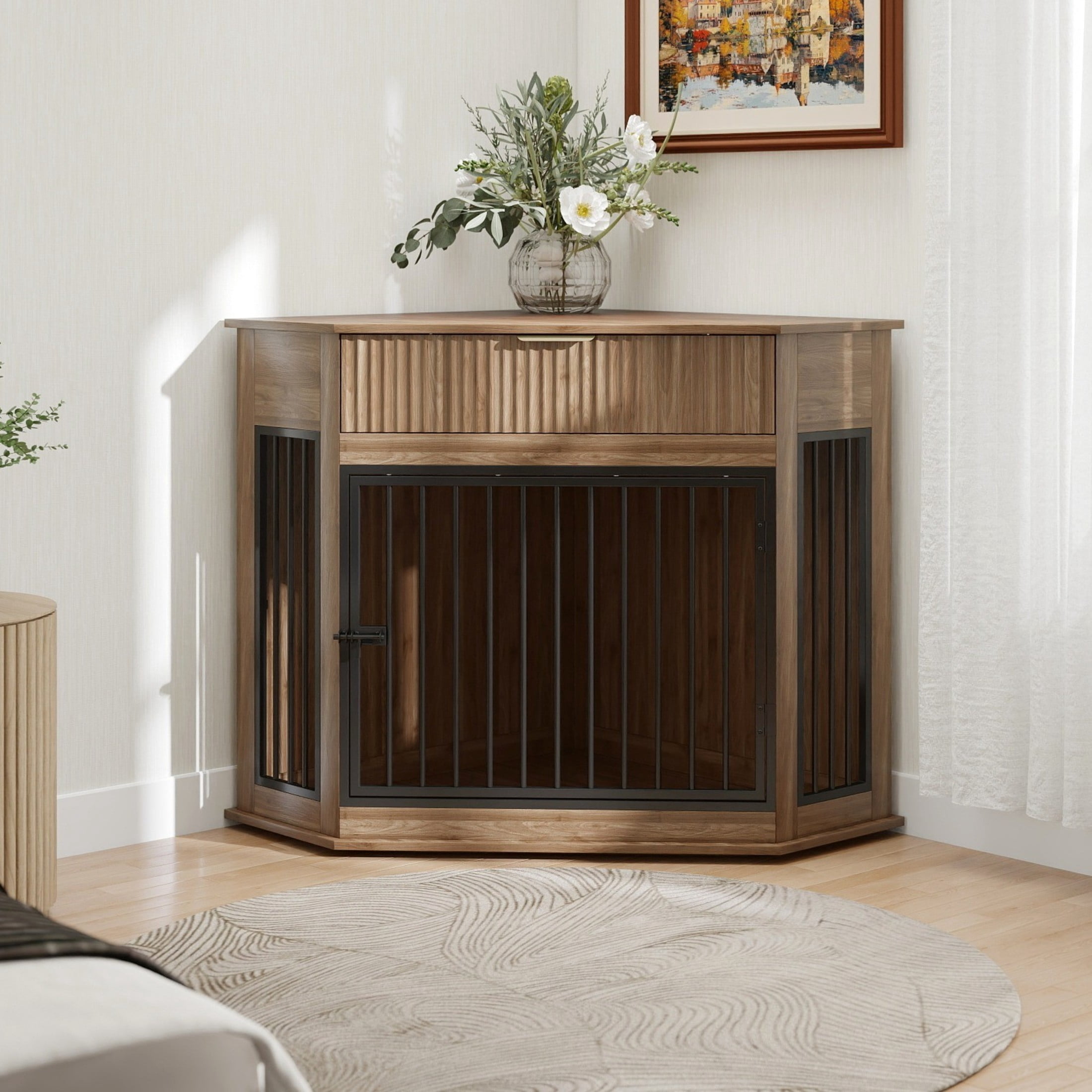 Noble House 44.6" Corner Wooden Dog Crate Furniture with Fluted Storage Drawer, Modern Cabinet for Home Décor, Walnut