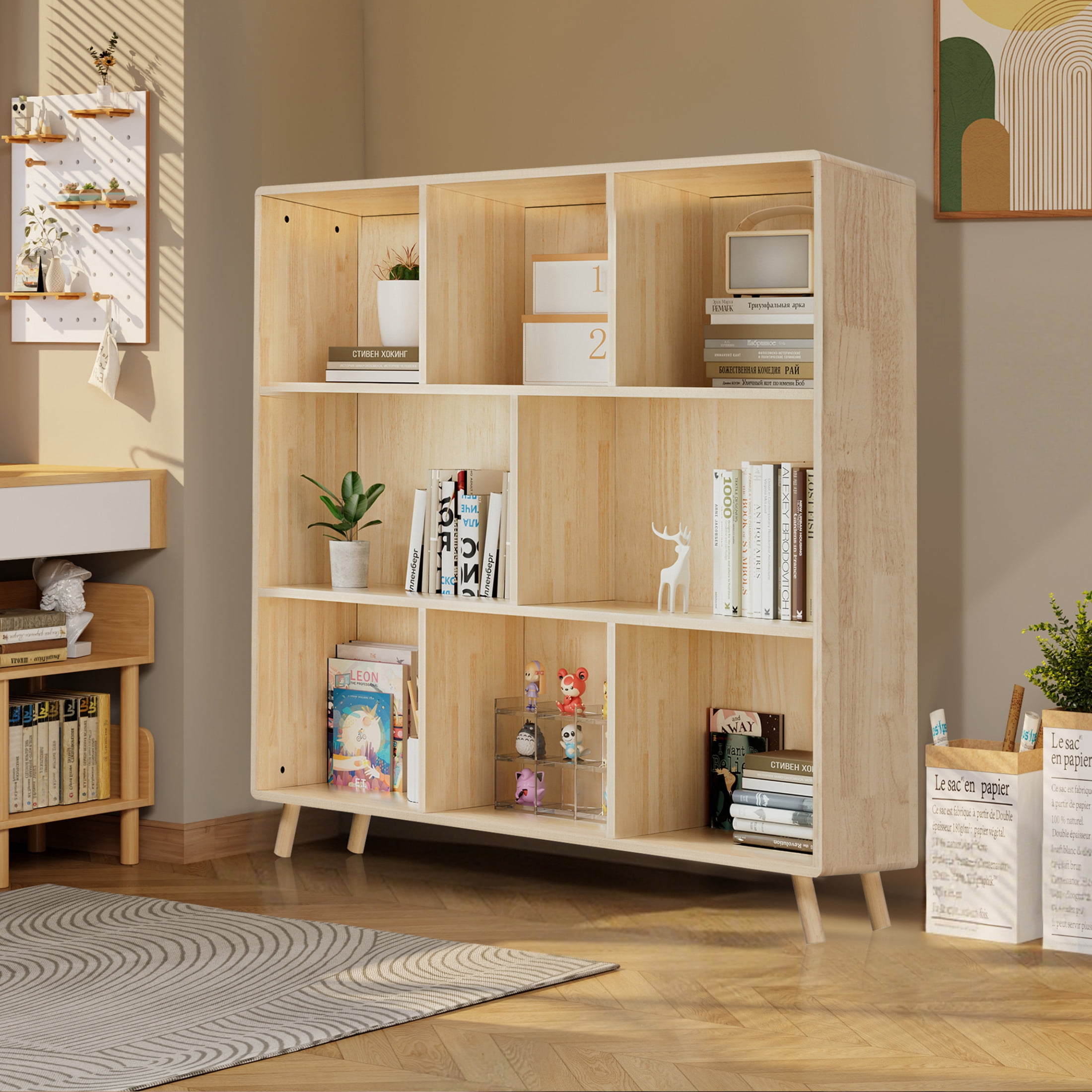 Noble House 44" Storage Cabinet Bookshelf, 8-Compartment Solid Pine Wood Fixed Shelf Bookcase Organizer, Natural