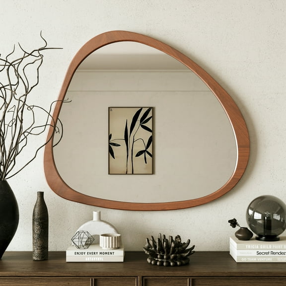 Noble House 45" Asymmetrical Wall Mirror, Solid Wood Frame, Glass Mid-Century Accent, Bathroom, Hallway, Walnut