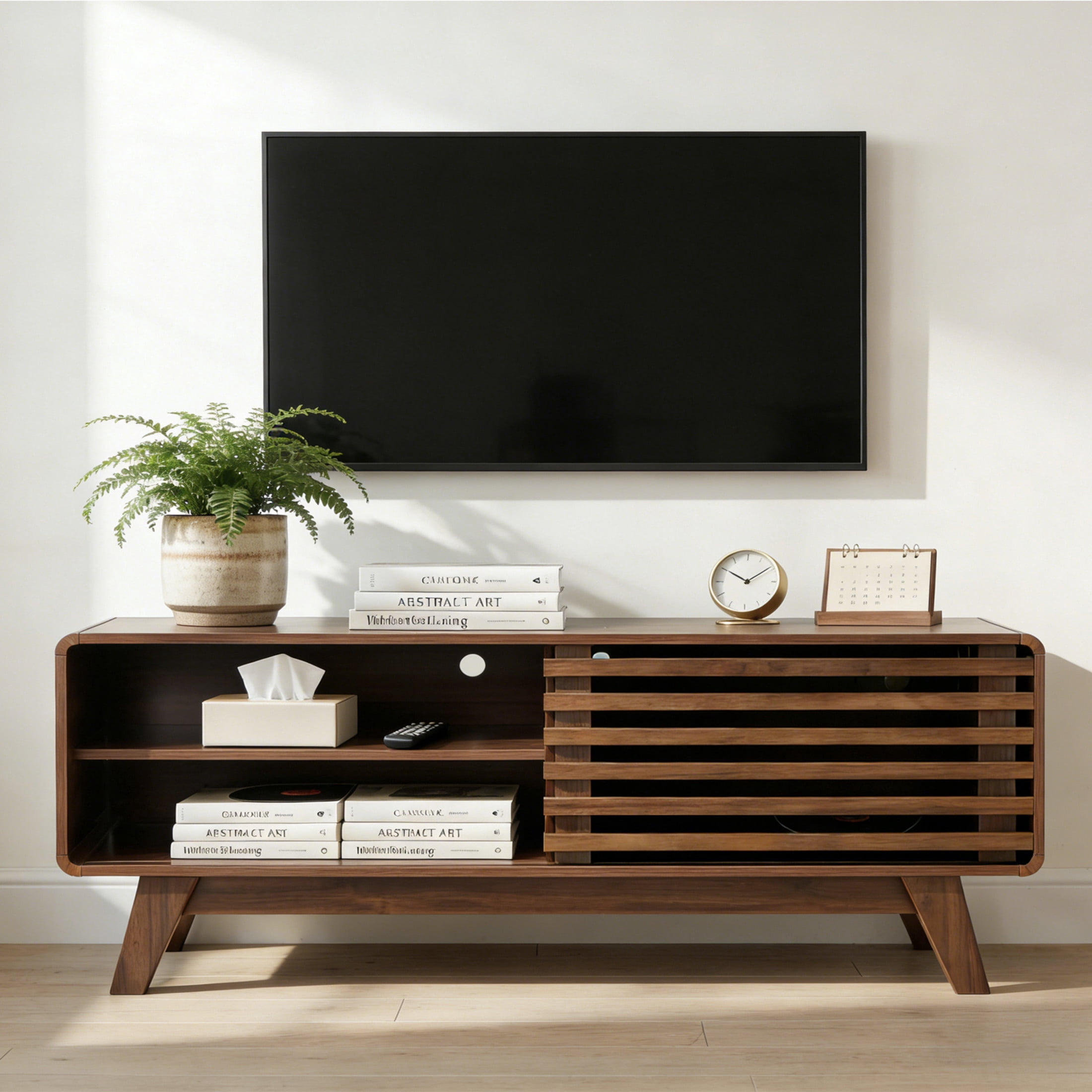Noble House 46" TV Stand with Sliding Doors, Mid-Century Media Console for Living Room, Entertainment Center, Walnut