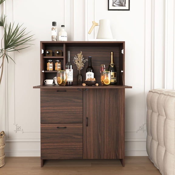 Noble House 47.2" Desk Cabinet with Fold-Up Desktop, Storage Unit with Drawers and Shelves, Walnut