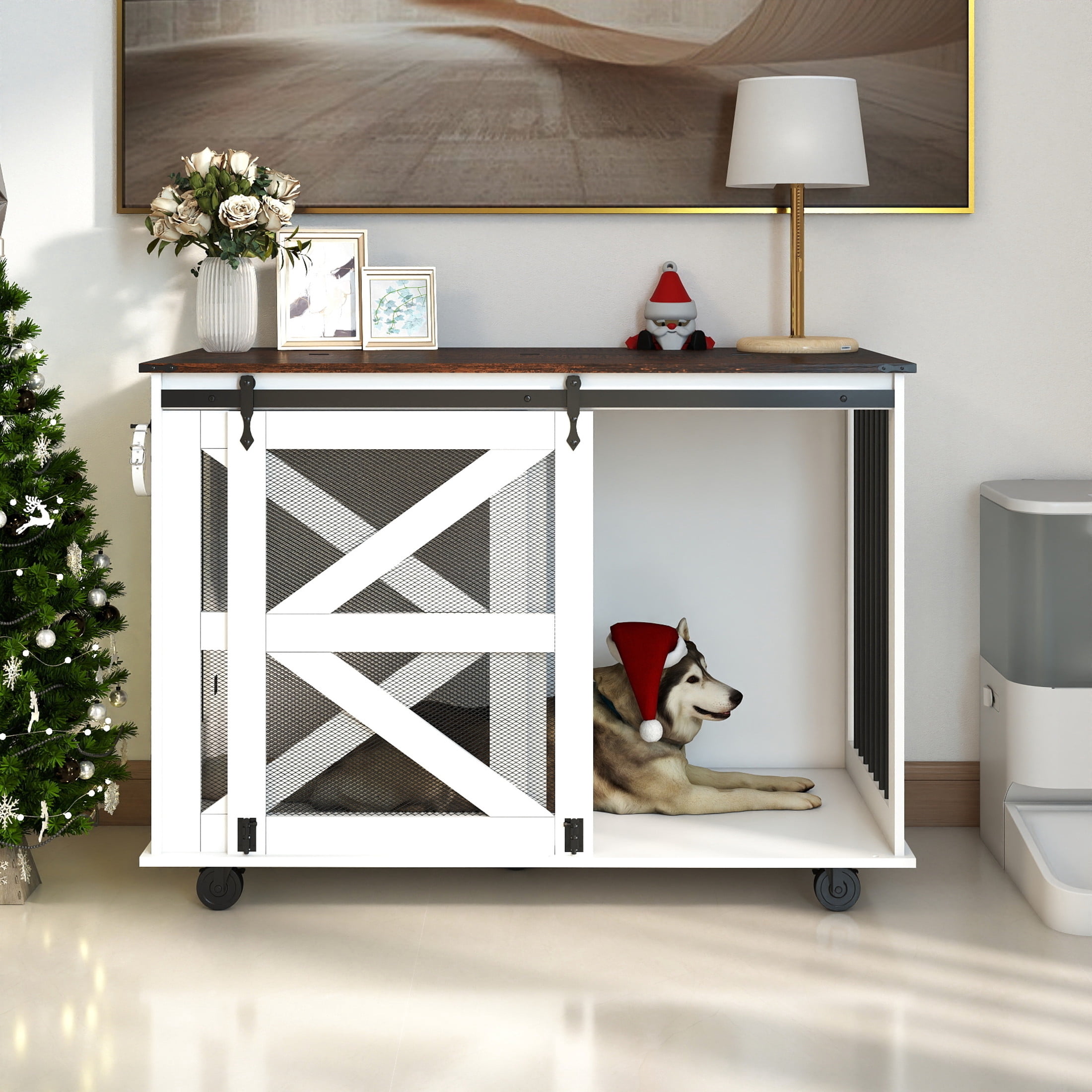 Noble House 47.2" Dog Crate with Flip-Top Feeding Door, Furniture Kennel with Barn Door & Wheels, Brown and White