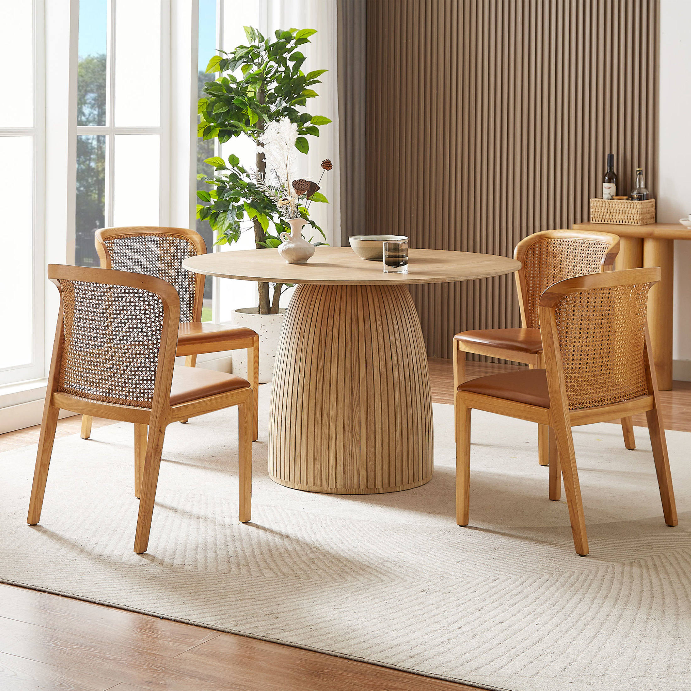 Noble House 47.24" Round Dining Table, MDF Wood T-Base Pedestal, Easy-Clean Modern Top, for Kitchen, Dining Room, Oak