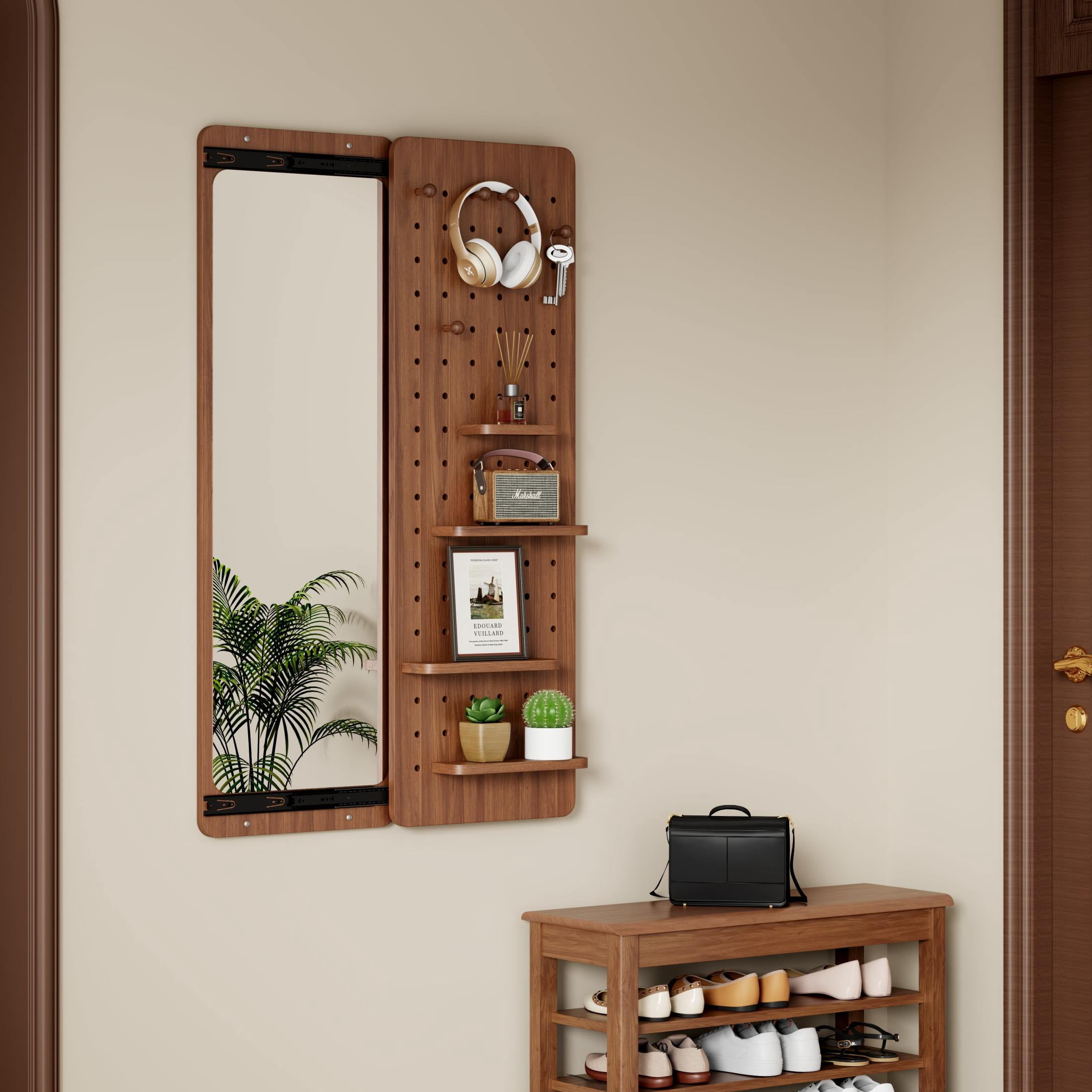 Noble House 47.6" Wall-Mounted Full-Length Mirror, Multifunctional Rubberwood Frame, Shelf & Hooks, Sliding Panel, Walnut