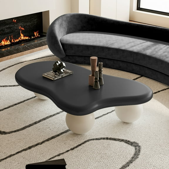 Noble House 47" Cloud Shaped Coffee Table with Ball Legs, Modern Aesthetic Accent Table for Living Room, Black Top White Legs
