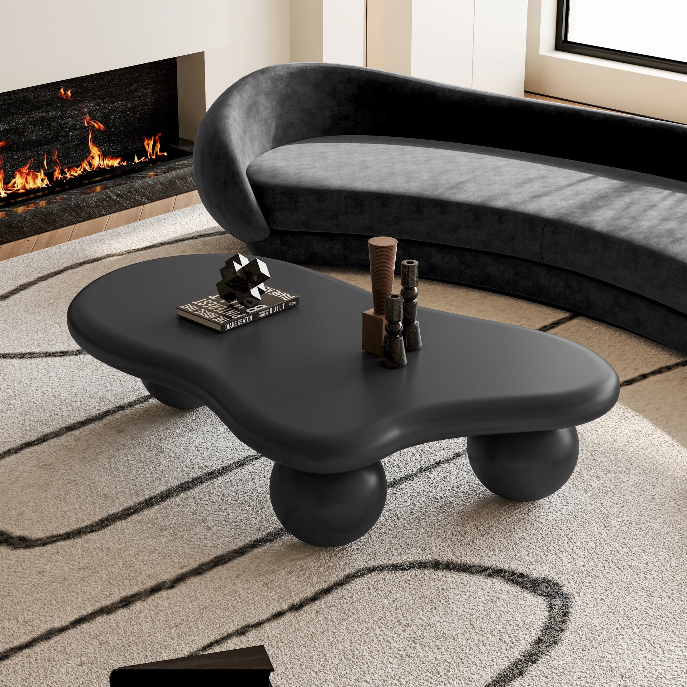 Noble House 47" Cloud Shaped Coffee Table with Ball Legs, Modern Aesthetic Accent Table for Living Room, Black